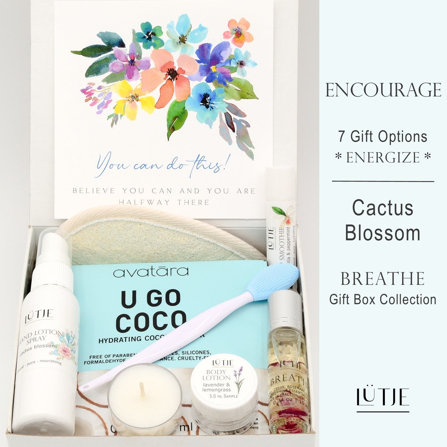 Gift Box for women, wife, daughter, BFF, sister, mom, or grandma, includes Cactus Blossom hand lotion spray and body lotion, essential oil, lip balm, soothing muscle balm, Lavender & Chamomile room & linen spray, French soap, French bath salts, hydrating face mask, other bath, spa and self-care items, and 18K gold-plated necklace with engraved heart.