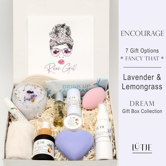 Gift Box for women, wife, daughter, BFF, sister, mom, or grandma, includes Lavender & Lemongrass hand lotion spray and body lotion, essential oil, lip balm, soothing muscle balm, Bergamot & Pear room & linen spray, French soap, French bath salts, hydrating face mask, other bath, spa and self-care items, and 18K gold-plated necklace with engraved heart.