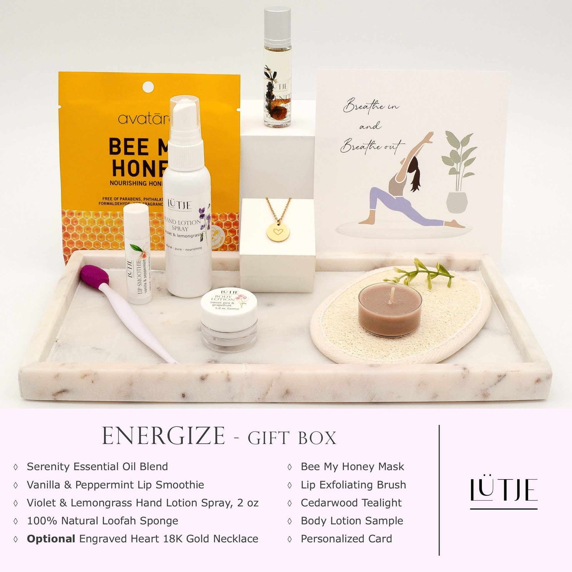 Energize Gift Box for women, BFF, wife, daughter, sister, mom, or grandma, includes Violet & Lemongrass hand lotion spray, essential oil, lip balm, hydrating face mask, other bath, spa and self-care items, and optional 18K gold-plated necklace with engraved heart.
