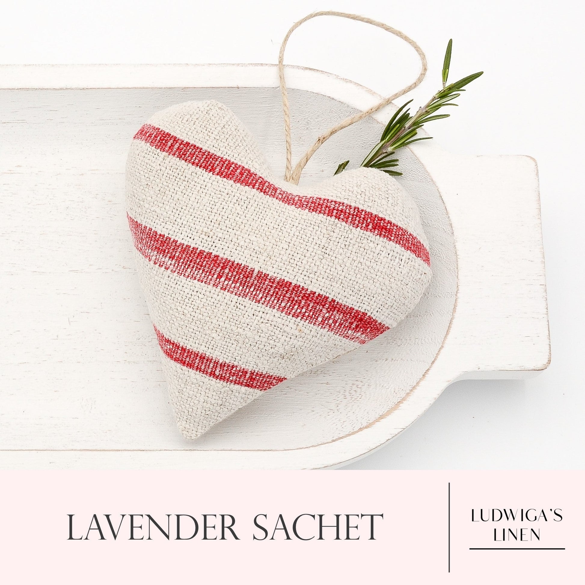 Lavender sachet heart made from antique European grain sack linen, hemp twine tie, and filled with high quality lavender from Provence France
