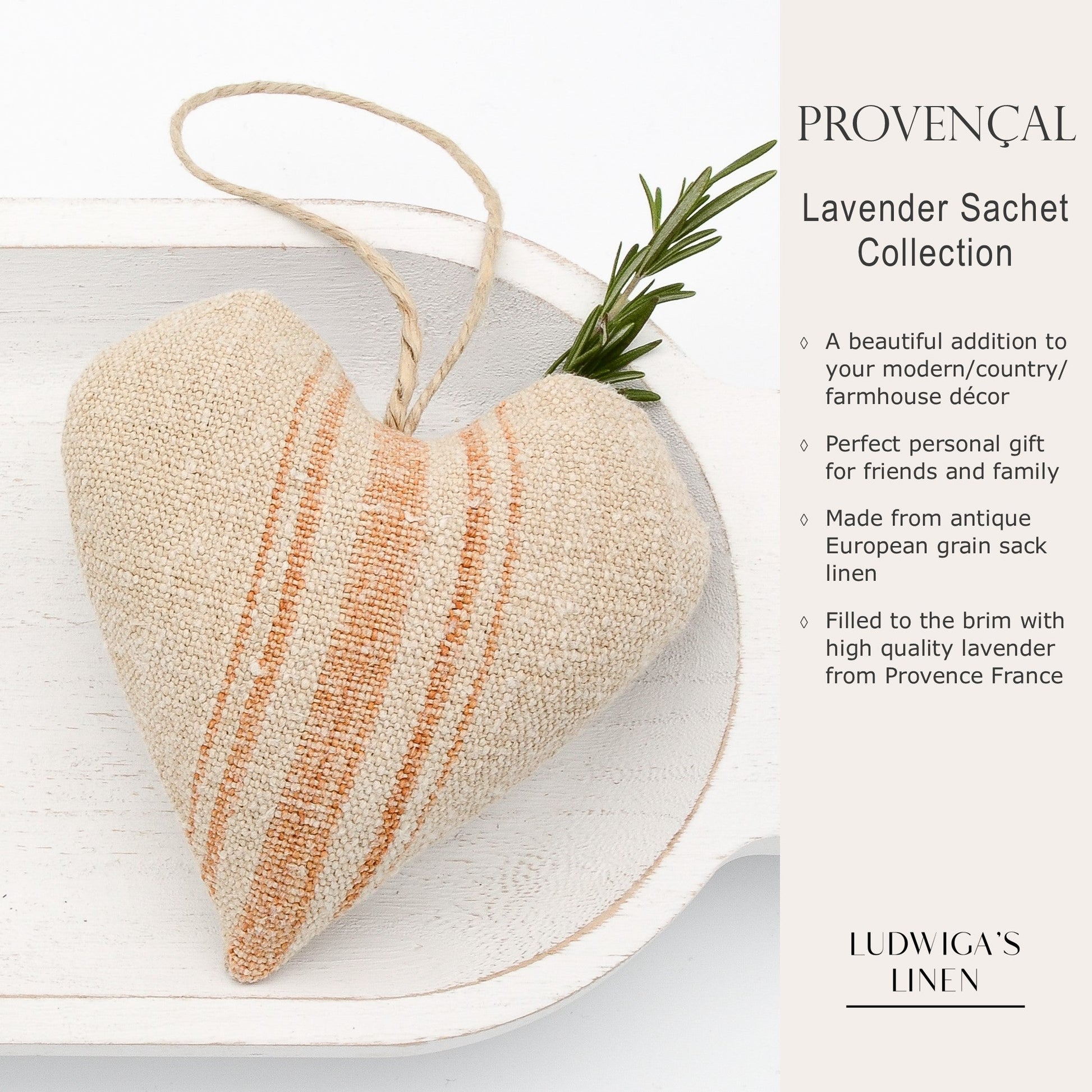 Lavender sachet heart made from antique European grain sack linen, hemp twine tie, and filled with high quality lavender from Provence France