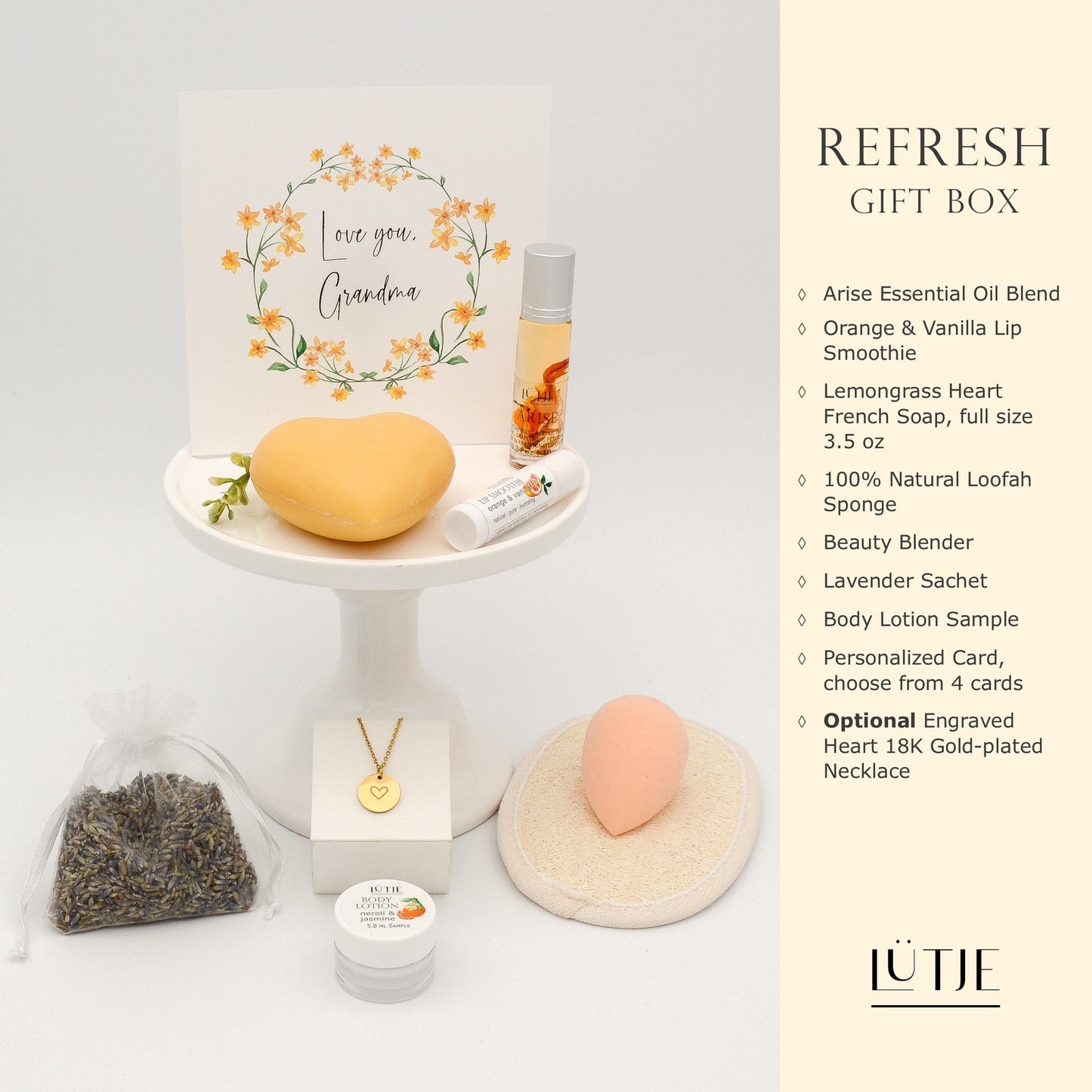 Refresh Gift Box for women, mom, BFF, wife, daughter, sister, or grandma, includes essential oil, French soap, lip balm, hydrating face mask, and optional 18K gold-plated necklace with engraved heart.