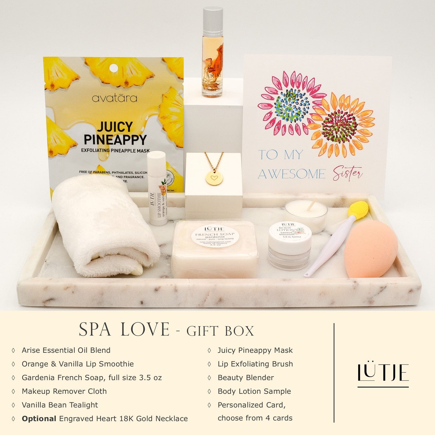 Spa Love Gift Box for women, wife, daughter, sister, mom, BFF, or grandma, includes  essential oil, French soap, lip balm, hydrating face mask, other bath, spa and self-care items, and optional 18K gold-plated necklace with engraved heart.