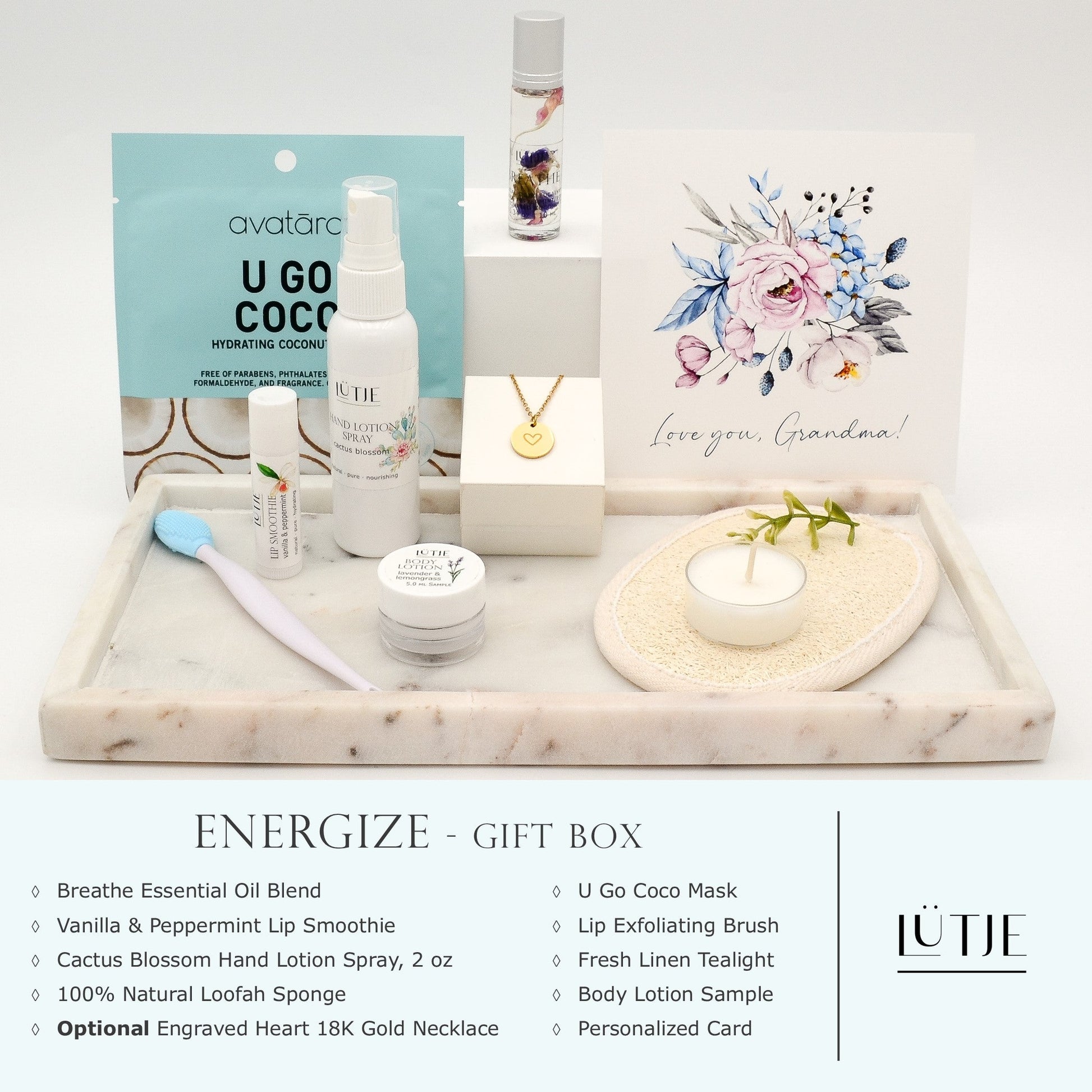 Energize Gift Box for women, BFF, wife, daughter, sister, mom, or grandma, includes Cactus Blossom hand lotion spray, essential oil, lip balm, hydrating face mask, other bath, spa and self-care items, and 18K gold-plated necklace with engraved heart.