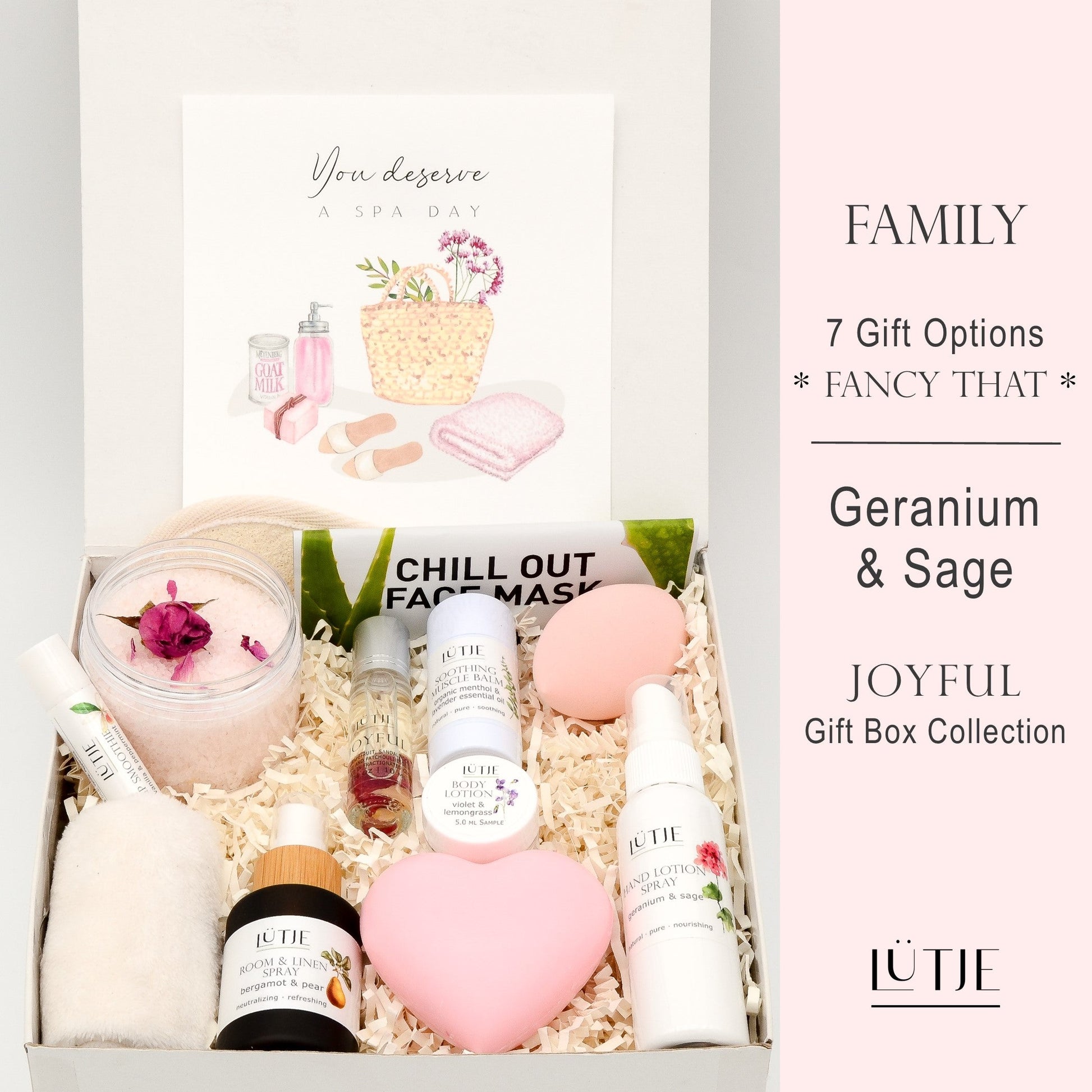 Gift Box for women, wife, daughter, BFF, sister, mom, or grandma, includes Geranium & Sage hand lotion spray and body lotion, essential oil, lip balm, soothing muscle balm, Bergamot & Pear room & linen spray, French soap, French bath salts, hydrating face mask, other bath, spa and self-care items, and 18K gold-plated necklace with engraved heart.