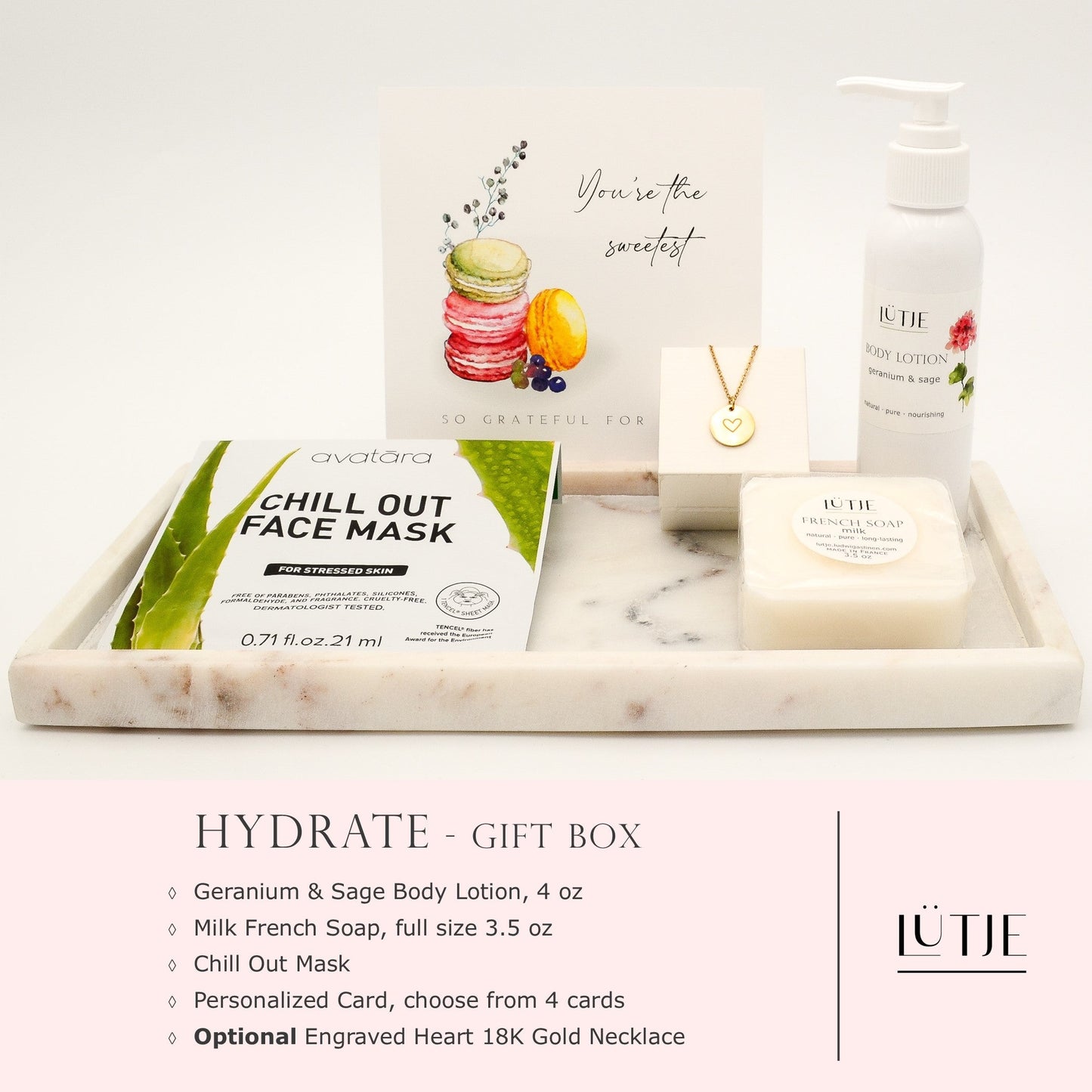 Hydrate Gift Box for women, daughter, mom, BFF, wife, sister or grandma, includes Geranium & Sage body lotion, French soap, hydrating face mask, and 18K gold-plated necklace with engraved heart.