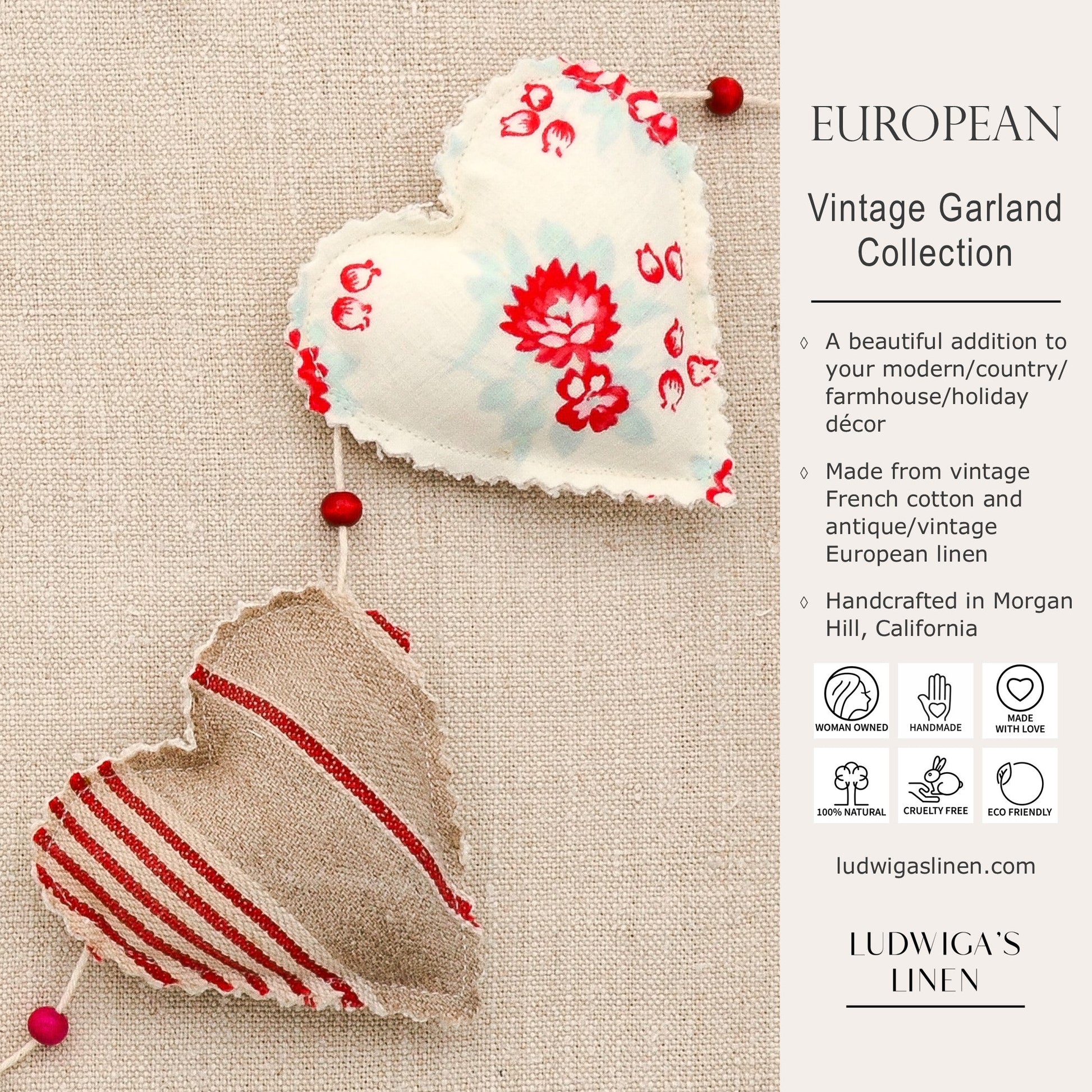 Focus on two hearts in this vintage French fabric garland, white cotton twine and wooden beads between hearts