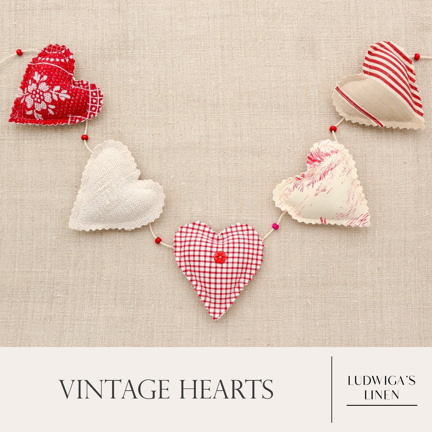 Vintage French fabric garland, five hearts, white cotton twine and wooden beads between hearts