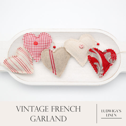 Vintage French fabric garland, five hearts, white cotton twine and wooden beads between hearts