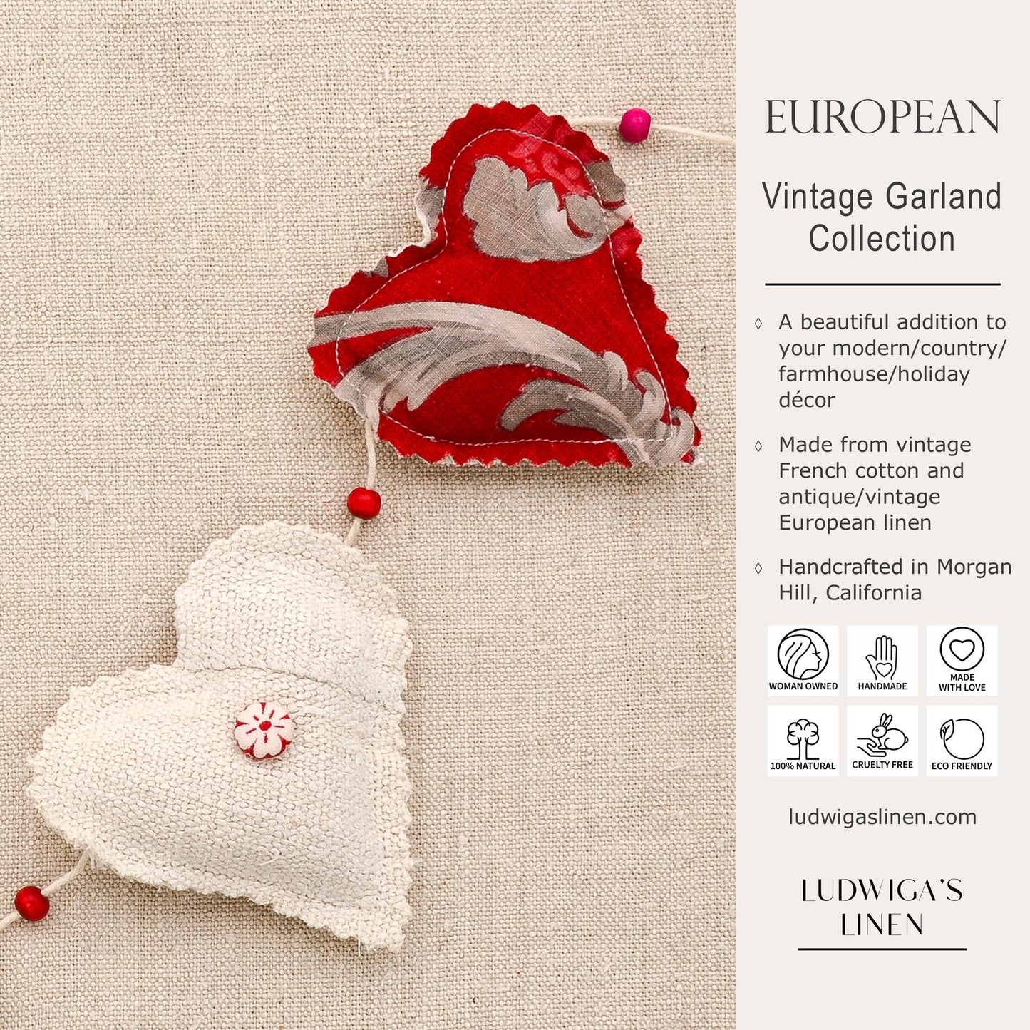 Focus on two hearts in this vintage French fabric garland, white cotton twine and wooden beads between hearts