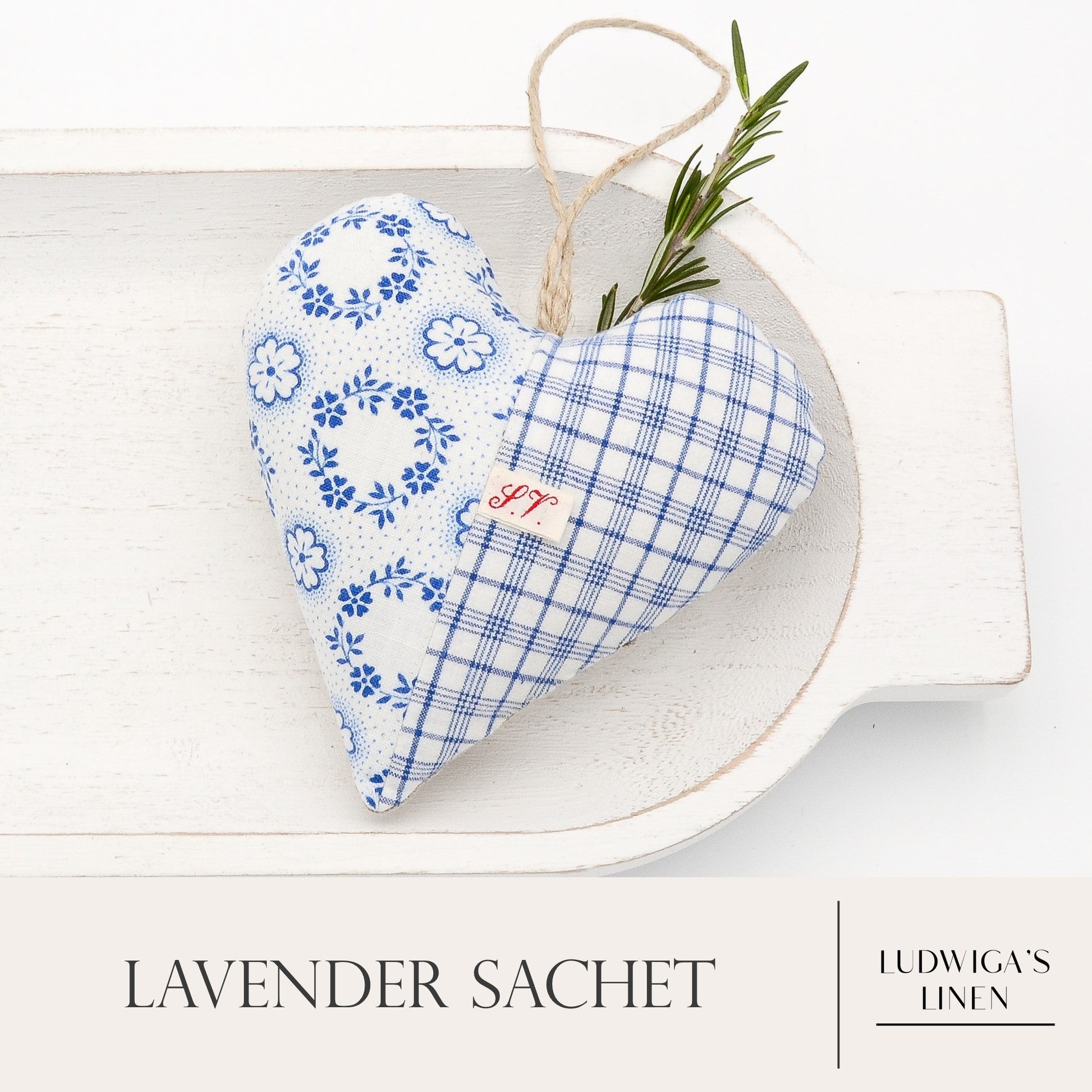 Antique/vintage German cotton lavender sachet heart, hemp twine tie and filled with high quality lavender from Provence France