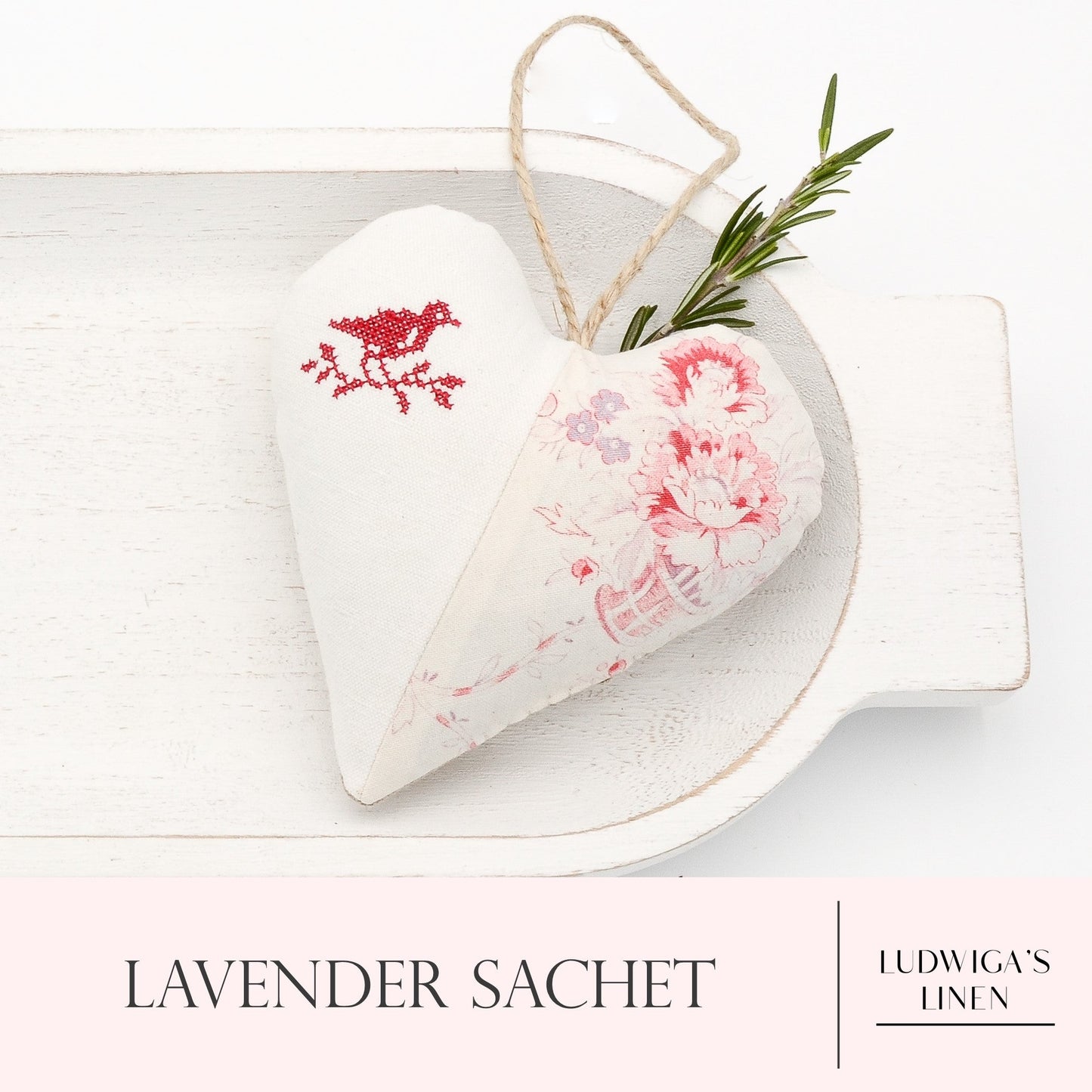 Antique/vintage French cotton and European white linen lavender sachet heart with red embroidered heart, hemp twine tie and filled with high quality lavender from Provence France