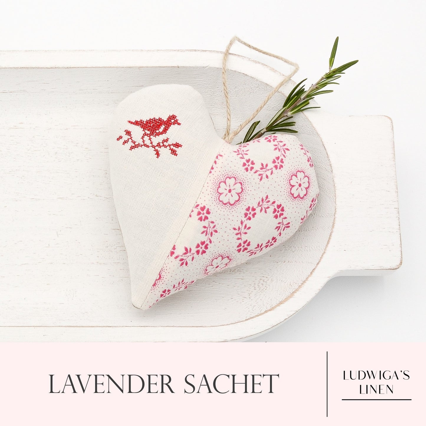 Antique/vintage German cotton and European white linen lavender sachet heart with red embroidered heart, hemp twine tie and filled with high quality lavender from Provence France