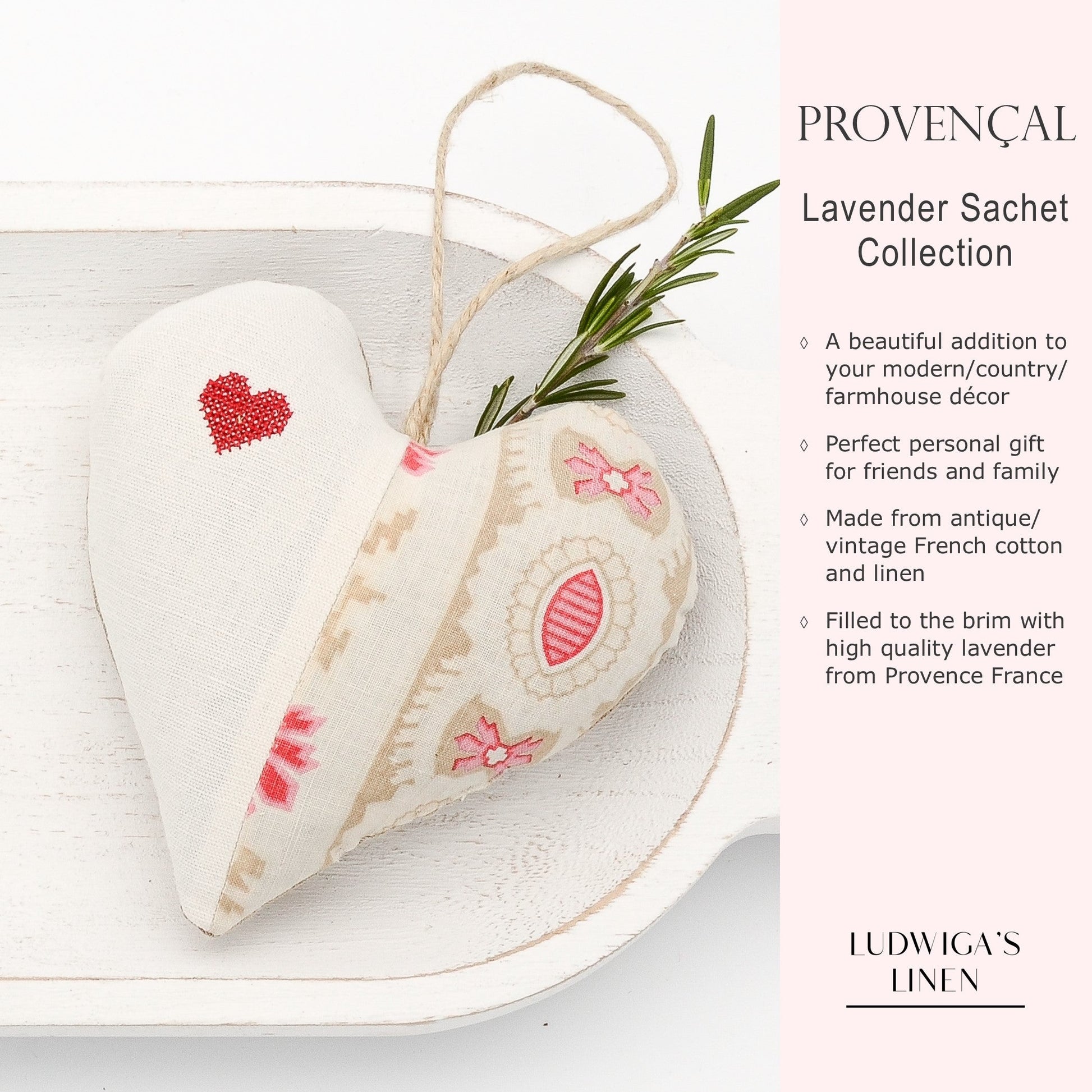 Antique/vintage French cotton and European white linen lavender sachet heart with red embroidered heart, hemp twine tie and filled with high quality lavender from Provence France