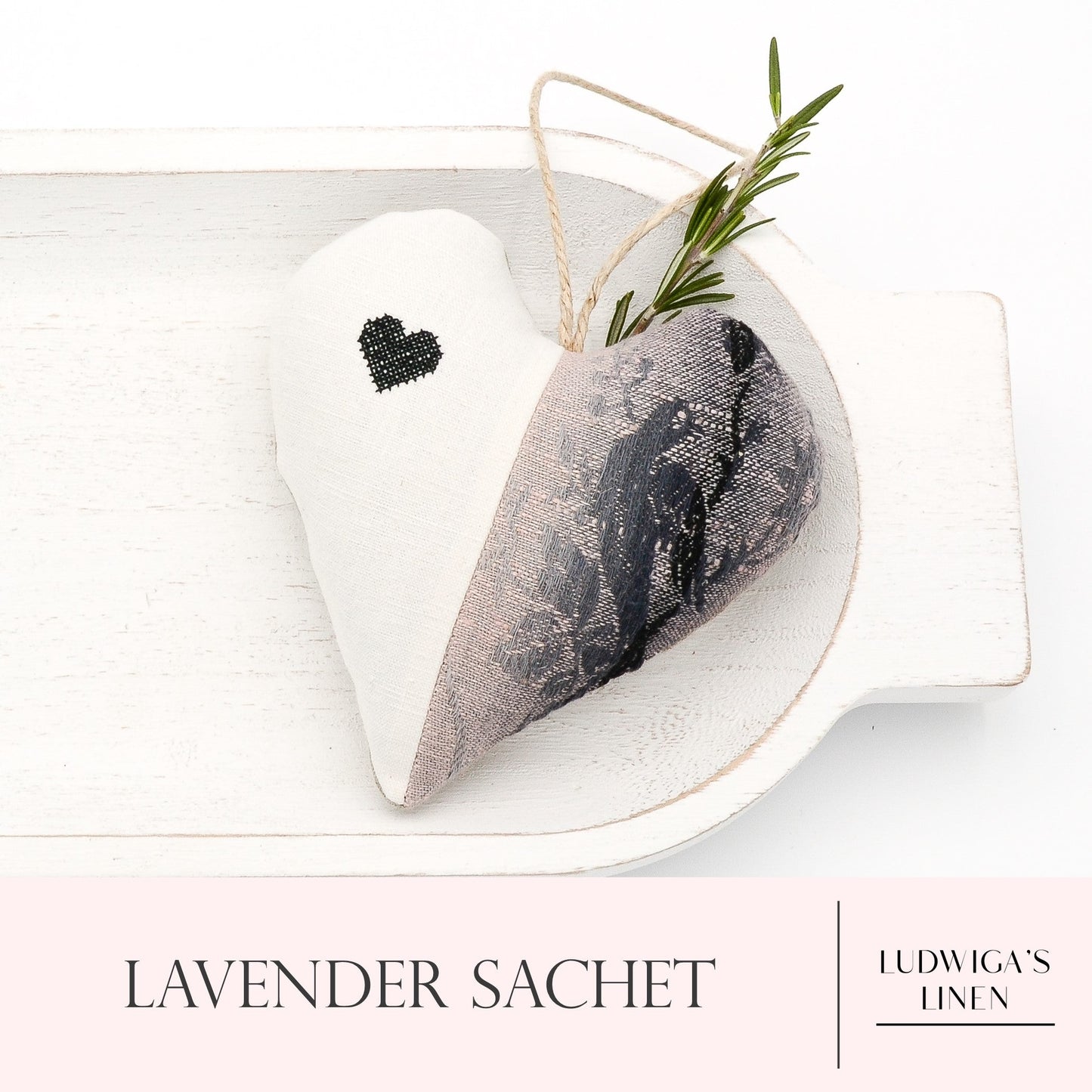 Antique/vintage French cotton and European white linen lavender sachet heart with black embroidered heart, hemp twine tie and filled with high quality lavender from Provence France