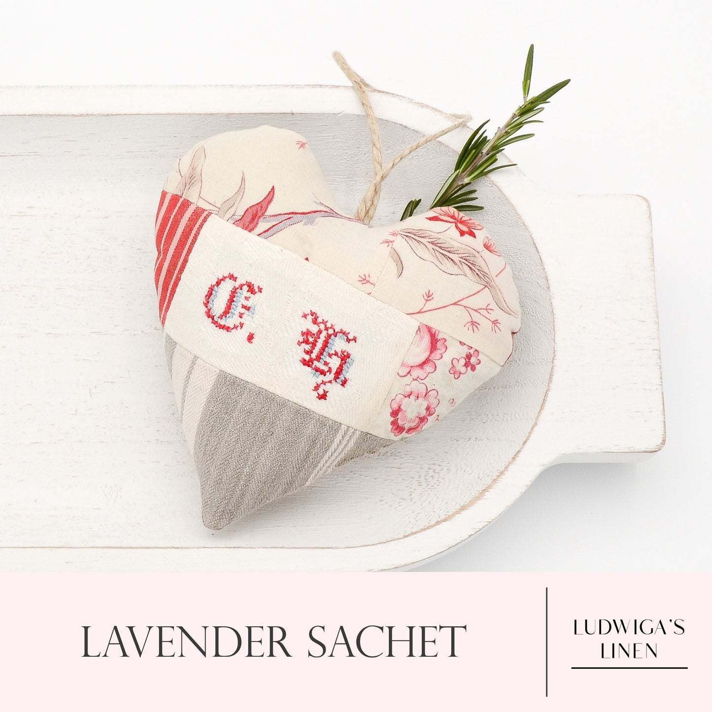 Antique/vintage French cotton and linen lavender sachet heart, hemp twine tie and filled with high quality lavender from Provence France