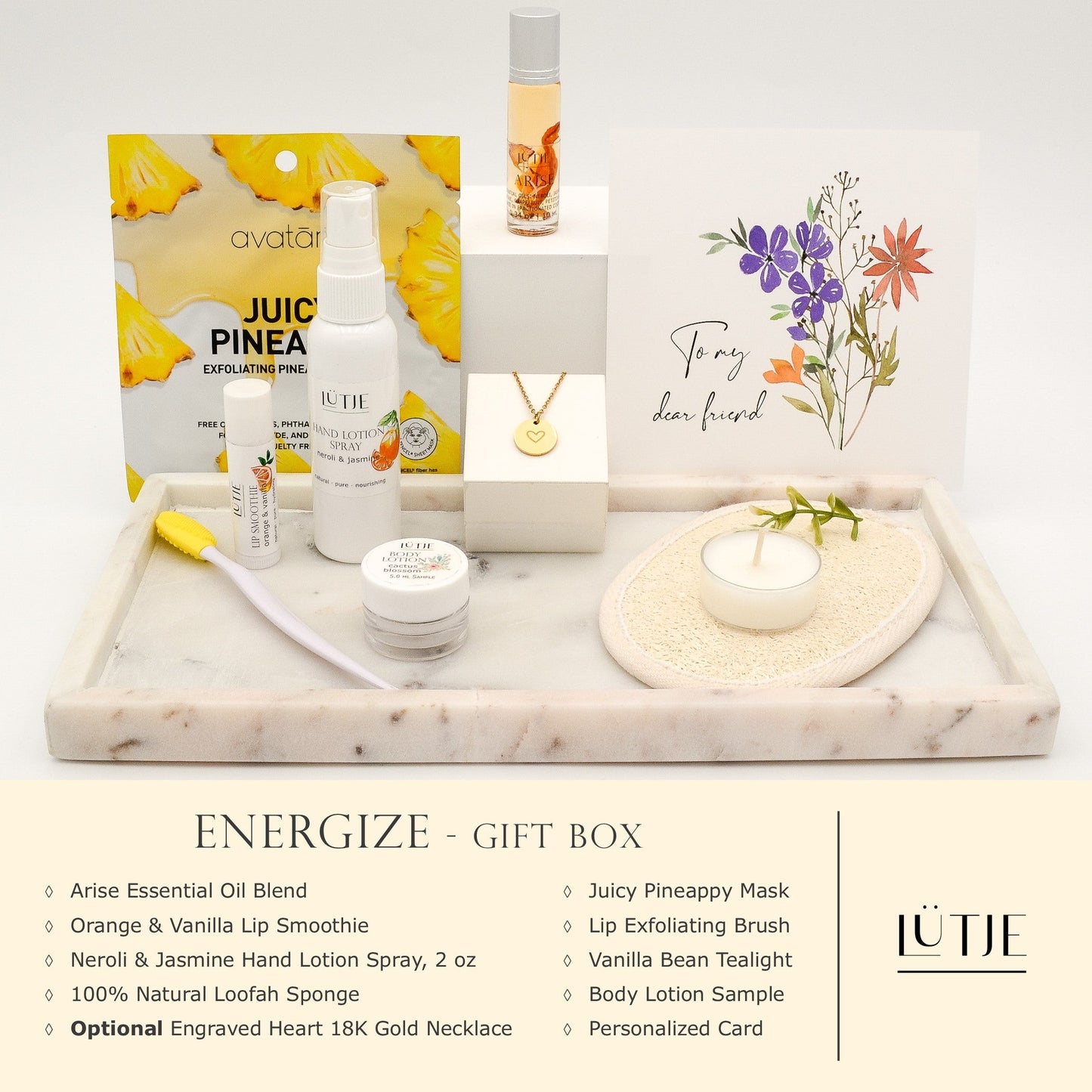Energize Gift Box for women, BFF, wife, daughter, sister, mom, or grandma, includes Neroli & Jasmine hand lotion spray, essential oil, lip balm, hydrating face mask, other bath, spa and self-care items, and optional 18K gold-plated necklace with engraved heart.
