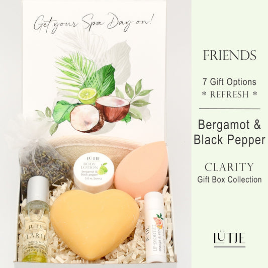 Gift Box for women, wife, daughter, BFF, sister, mom, or grandma, includes Bergamot & Black Pepper hand lotion spray and body lotion, essential oil, lip balm, soothing muscle balm, Lavender & Chamomile room & linen spray, French soap, French bath salts, hydrating face mask, other bath, spa and self-care items, and 18K gold-plated necklace with engraved heart.
