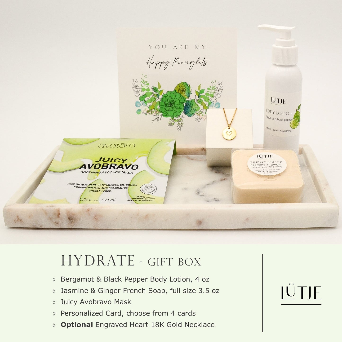 Hydrate Gift Box for women, daughter, mom, BFF, wife, sister or grandma, includes Bergamot & Black Pepper body lotion, French soap, hydrating face mask, and optional 18K gold-plated necklace with engraved heart.