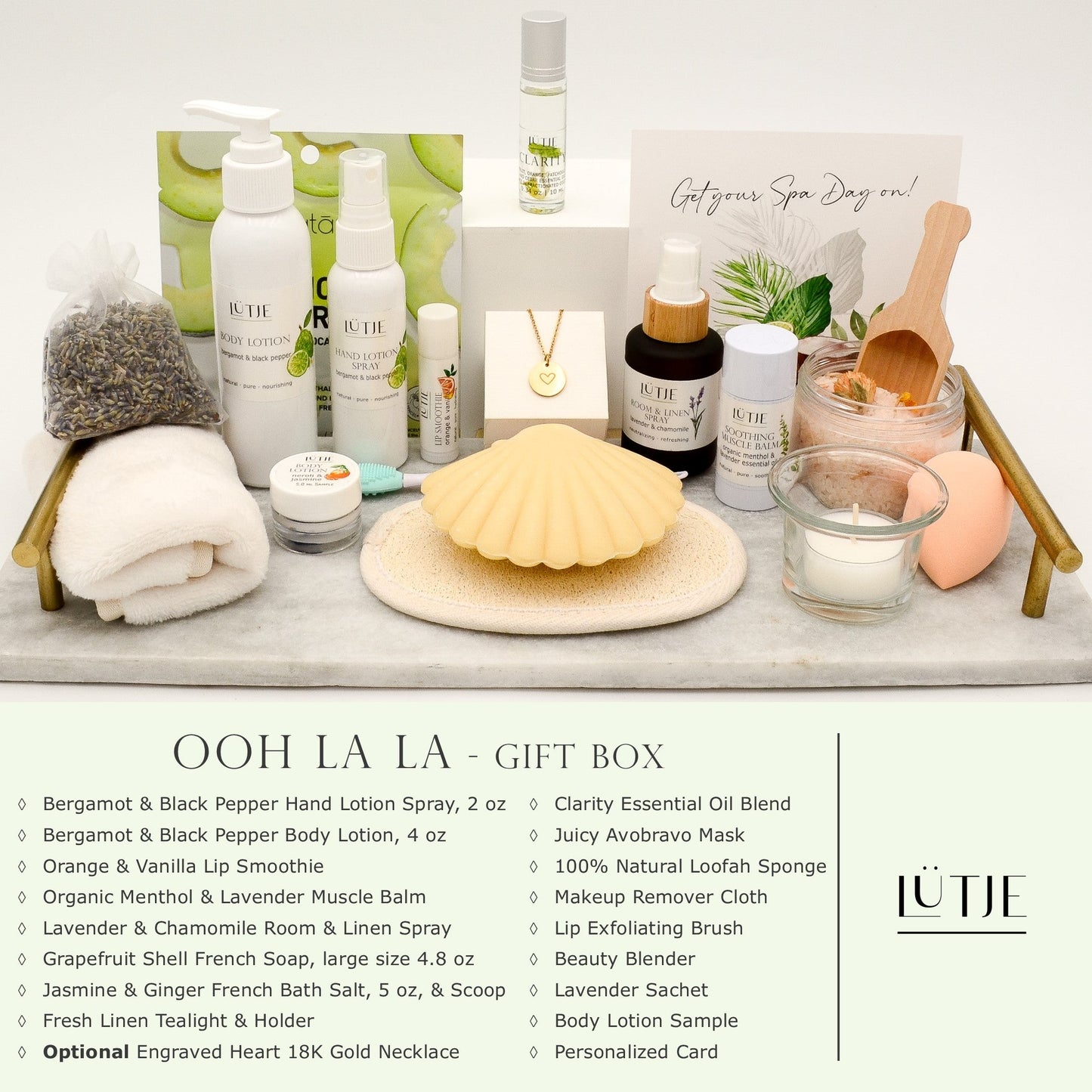 Ooh La La Gift Box for women, wife, daughter, BFF, sister, mom, or grandma, includes Bergamot & Black Pepper hand lotion spray and body lotion, essential oil, lip balm, soothing muscle balm, Lavender & Chamomile room & linen spray, French soap, French bath salts, hydrating face mask, other bath, spa and self-care items, and optional 18K gold-plated necklace with engraved heart.
