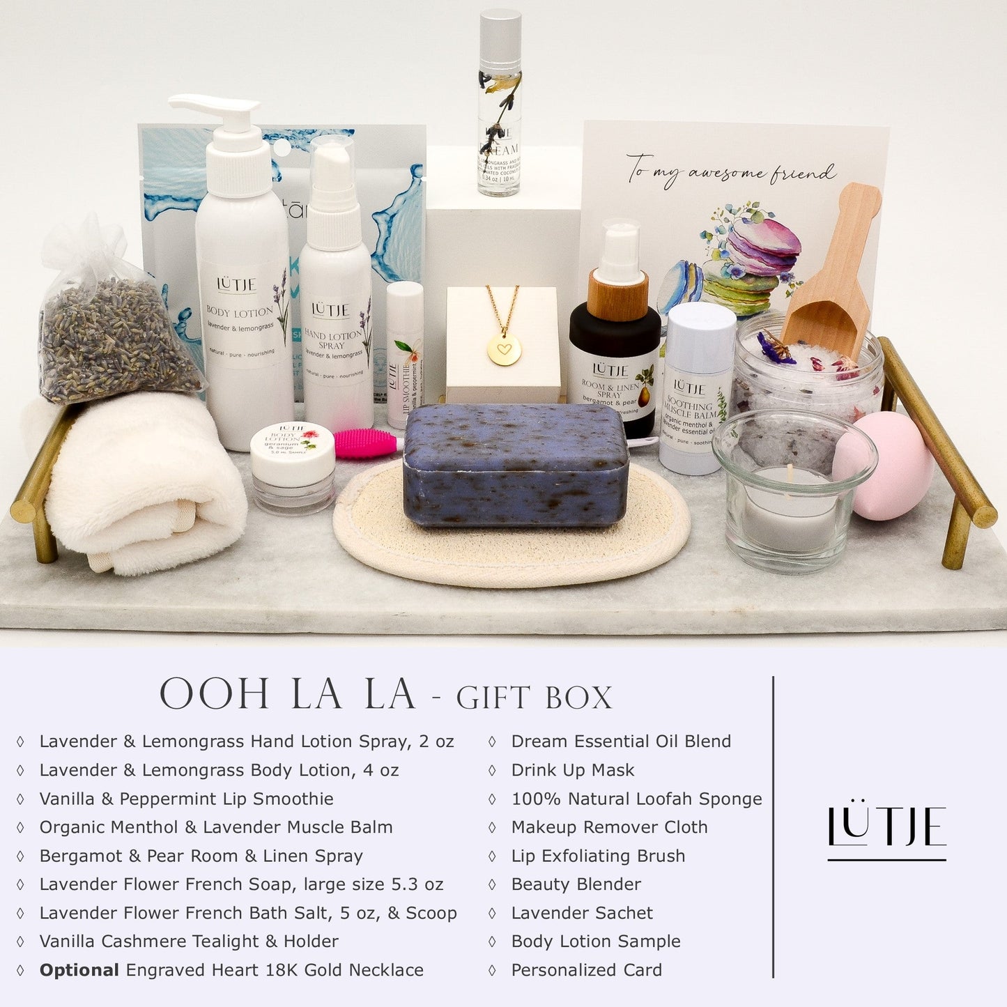 Ooh La La Gift Box for women, wife, daughter, BFF, sister, mom, or grandma, includes Lavender & Lemongrass hand lotion spray and body lotion, essential oil, lip balm, soothing muscle balm, Bergamot & Pear room & linen spray, French soap, French bath salts, hydrating face mask, other bath, spa and self-care items, and optional 18K gold-plated necklace with engraved heart.