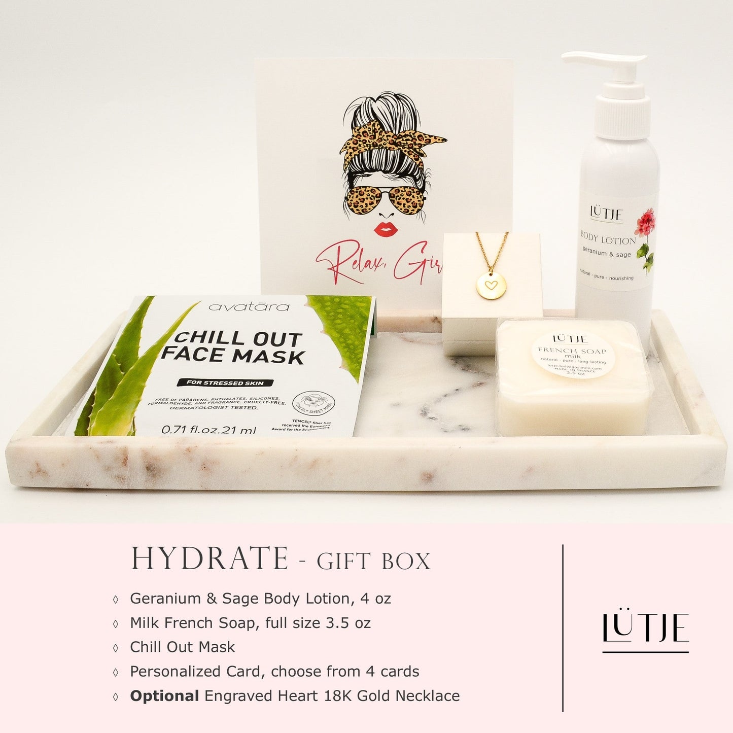 Hydrate Gift Box for women, daughter, mom, BFF, wife, sister or grandma, includes Geranium & Sage body lotion, French soap, hydrating face mask, and 18K gold-plated necklace with engraved heart.