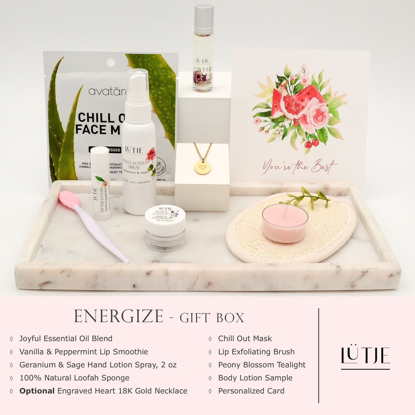 Energize Gift Box for women, BFF, wife, daughter, sister, mom, or grandma, includes Geranium & Sage hand lotion spray, essential oil, lip balm, hydrating face mask, other bath, spa and self-care items, and 18K gold-plated necklace with engraved heart.