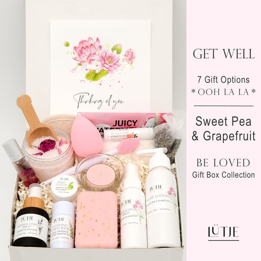 Gift Box for women, wife, daughter, BFF, sister, mom, or grandma, includes Sweet Pea & Grapefruit hand lotion spray and body lotion, essential oil, lip balm, soothing muscle balm, Lavender & Chamomile room & linen spray, French soap, French bath salts, hydrating face mask, other bath, spa and self-care items, and 18K gold-plated necklace with engraved heart.