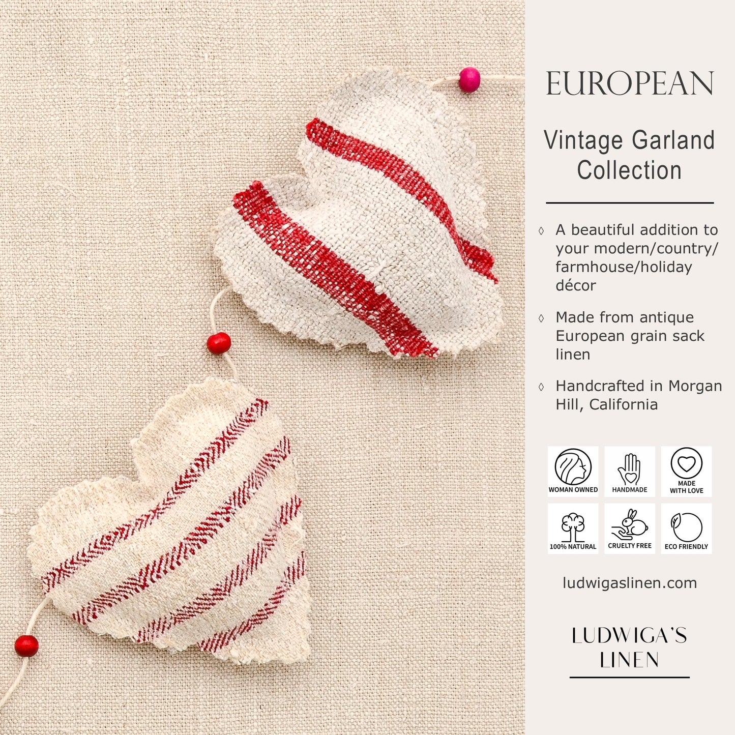 Focus on two hearts in this vintage European grain sack linen garland, white cotton twine and wooden beads between hearts