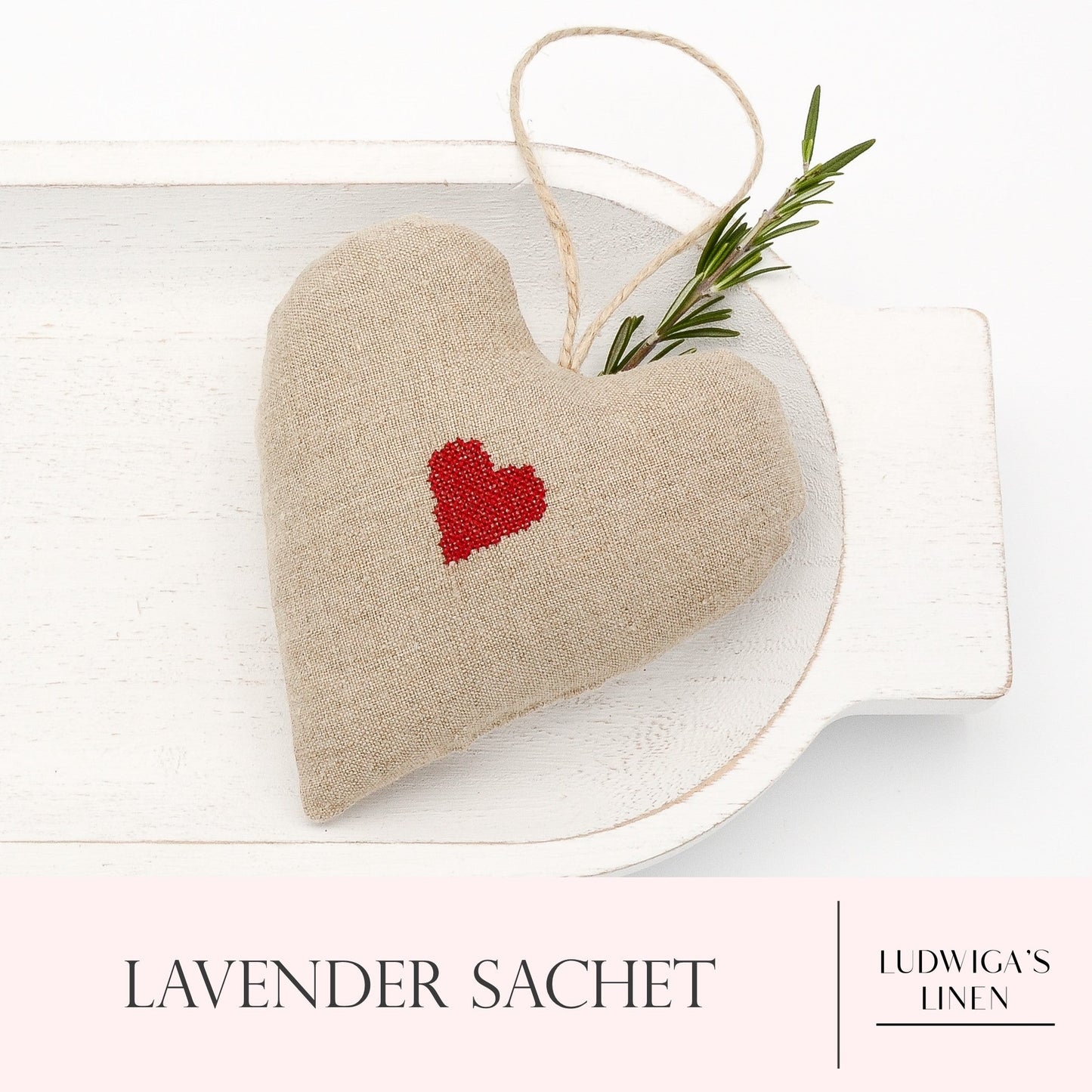 Vintage German mangle cloth linen lavender sachet heart with red embroidered heart, hemp twine tie and filled with high quality lavender from Provence France