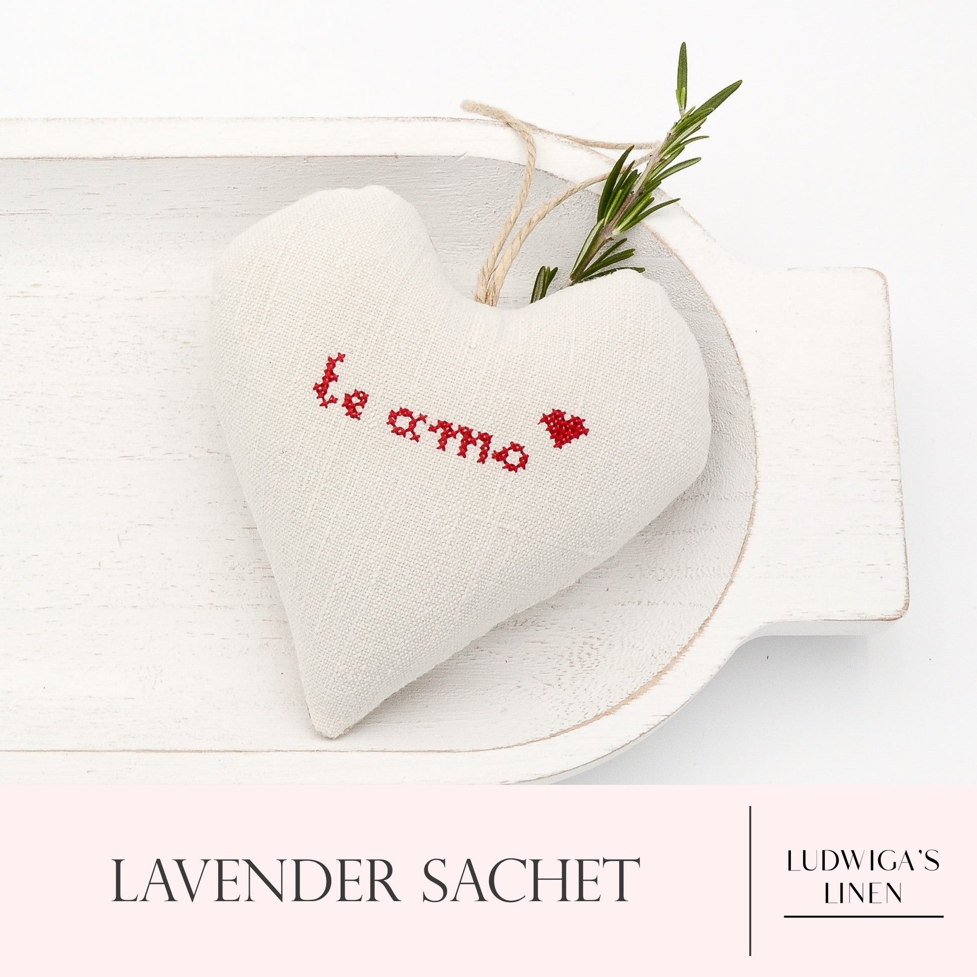 Antique/vintage European white linen lavender sachet heart with "te amo" embroidered in red, hemp twine tie and filled with high quality lavender from Provence France