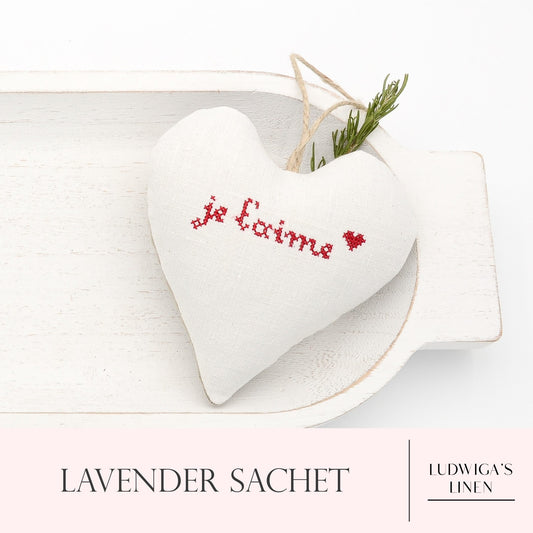 Antique/vintage European white linen lavender sachet heart with "je t'aime" embroidered in red, hemp twine tie and filled with high quality lavender from Provence France