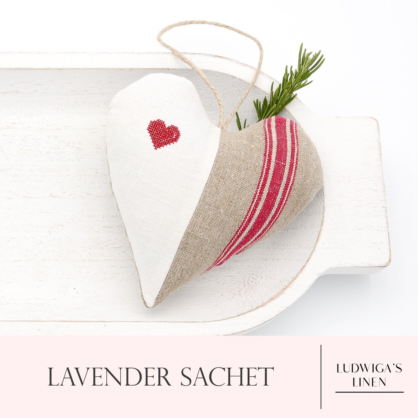 Antique/vintage linen lavender sachet heart with red embroidered heart, red-striped vintage German linen, hemp twine tie and filled with high quality lavender from Provence France