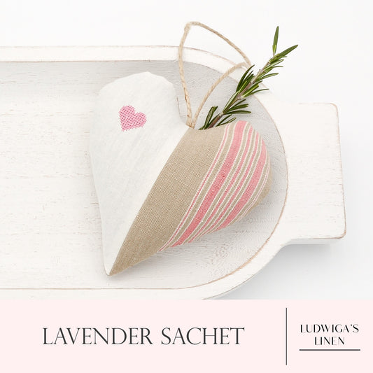 Antique/vintage linen lavender sachet heart with pink embroidered heart, pink-striped vintage German linen, hemp twine tie and filled with high quality lavender from Provence France