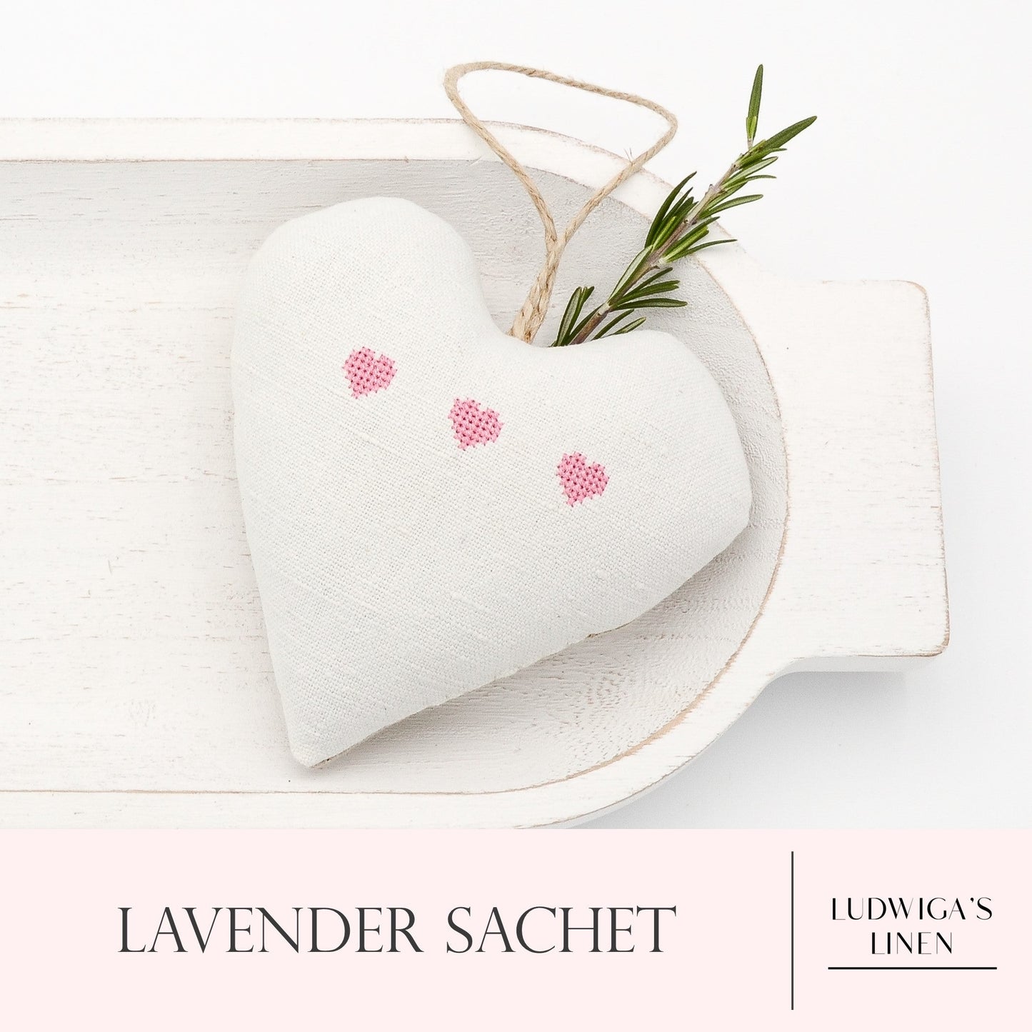 Antique/vintage European white linen lavender sachet heart with three pink embroidered hearts, hemp twine tie and filled with high quality lavender from Provence France