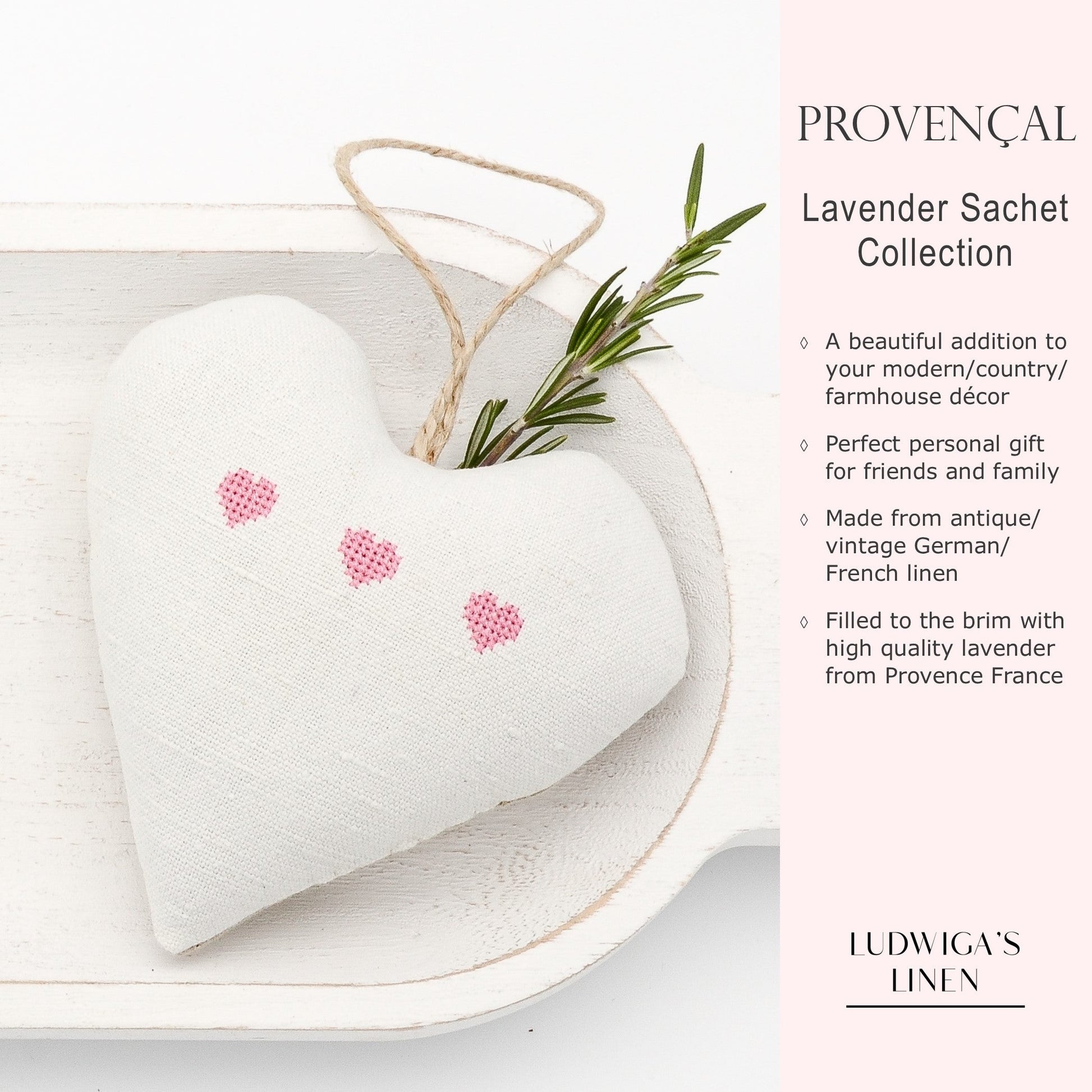 Antique/vintage European white linen lavender sachet heart with three pink embroidered hearts, hemp twine tie and filled with high quality lavender from Provence France