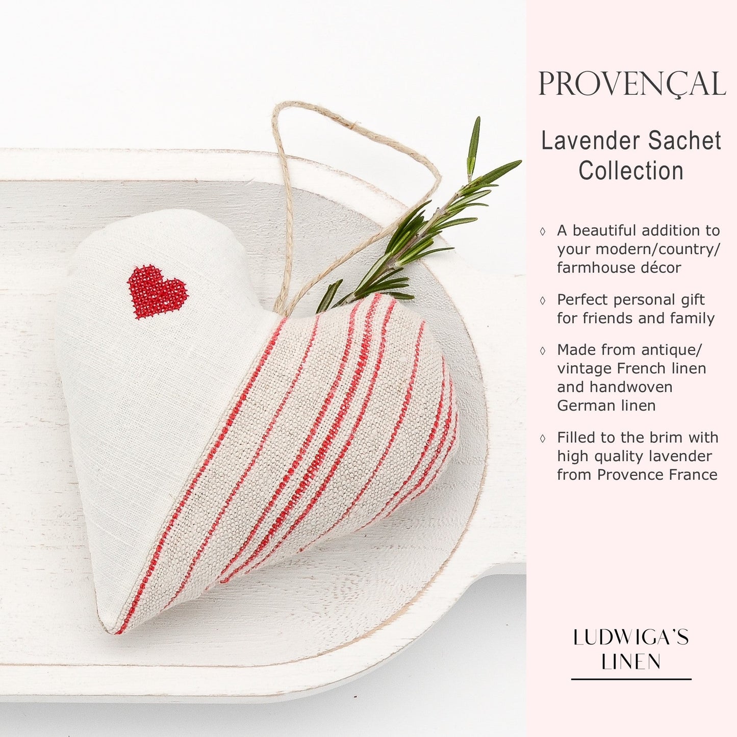 Antique/vintage linen lavender sachet heart with red embroidered heart, red-striped vintage German cotton, hemp twine tie and filled with high quality lavender from Provence France
