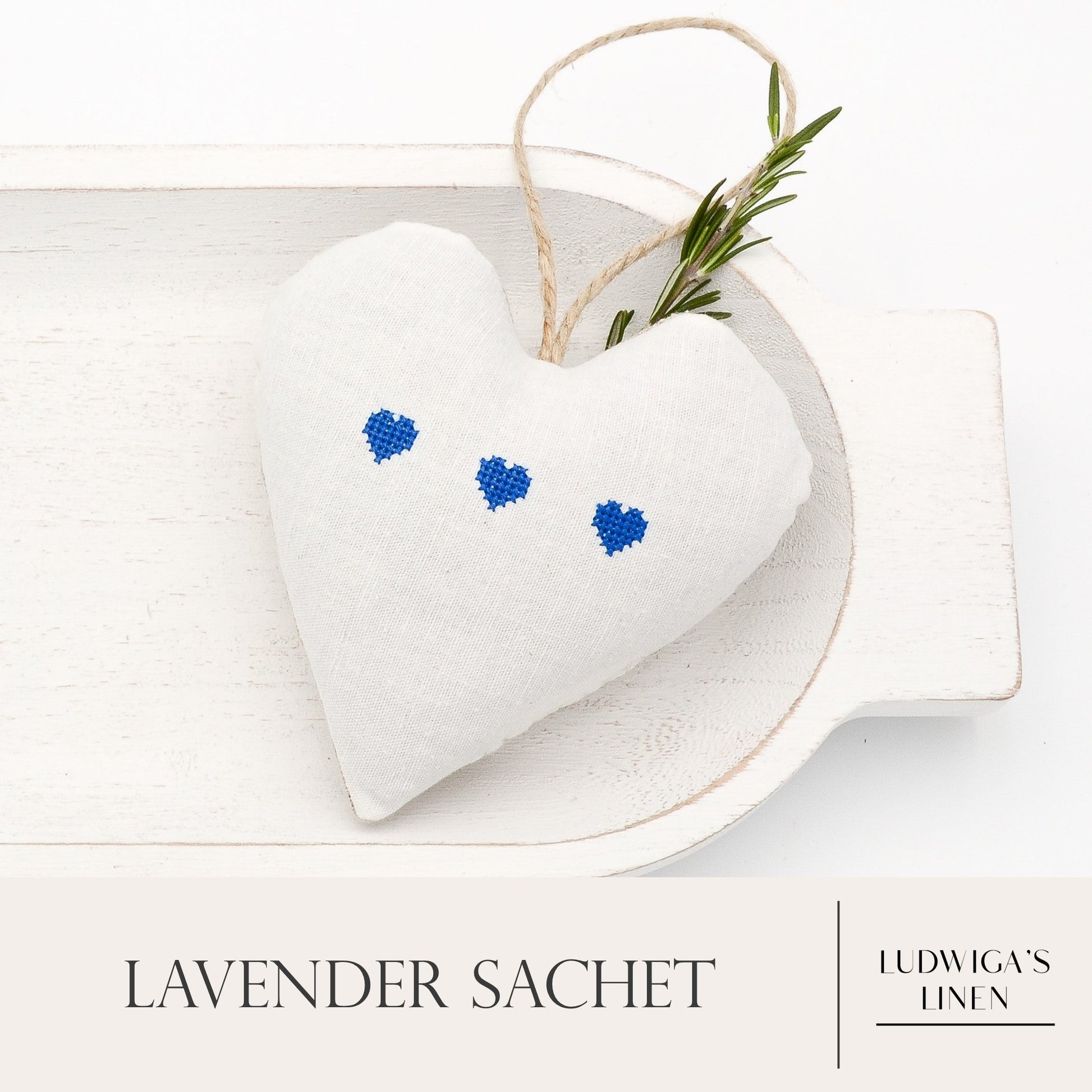 Antique/vintage European white linen lavender sachet heart with three blue embroidered hearts, hemp twine tie and filled with high quality lavender from Provence France