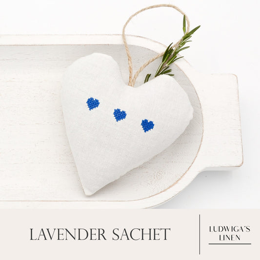 Antique/vintage European white linen lavender sachet heart with three blue embroidered hearts, hemp twine tie and filled with high quality lavender from Provence France