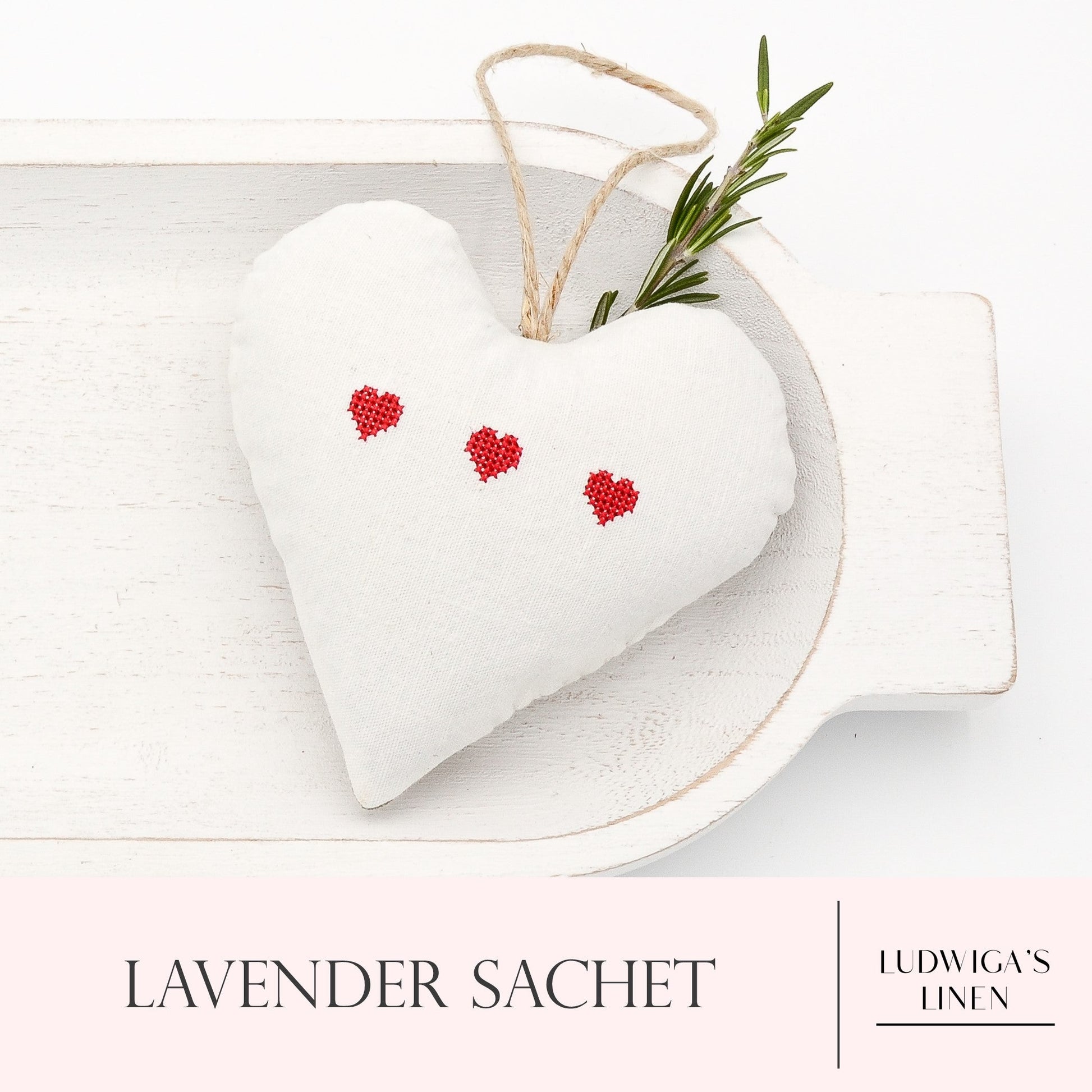 Antique/vintage European white linen lavender sachet heart with three red embroidered hearts, hemp twine tie and filled with high quality lavender from Provence France