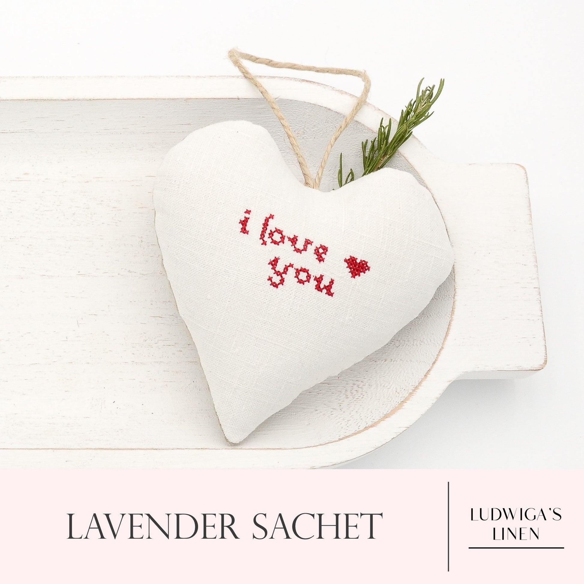Antique/vintage European white linen lavender sachet heart with "I love you" embroidered in red, hemp twine tie and filled with high quality lavender from Provence France