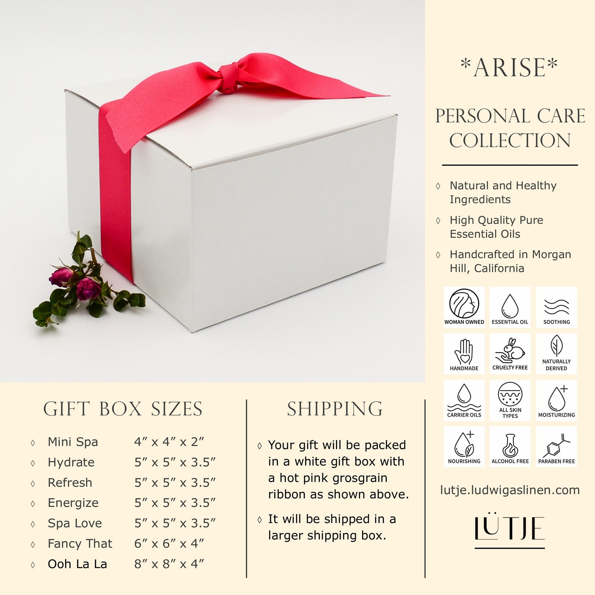 Gift Box for women Neroli & Jasmine Arise Collection shipping and general information including made with natural and healthy ingredients,woman owned, handmade, cruelty free, naturally derived, pure essential oils, all skin types, moisturizing, soothing, nourishing, alcohol free and paraben free. 