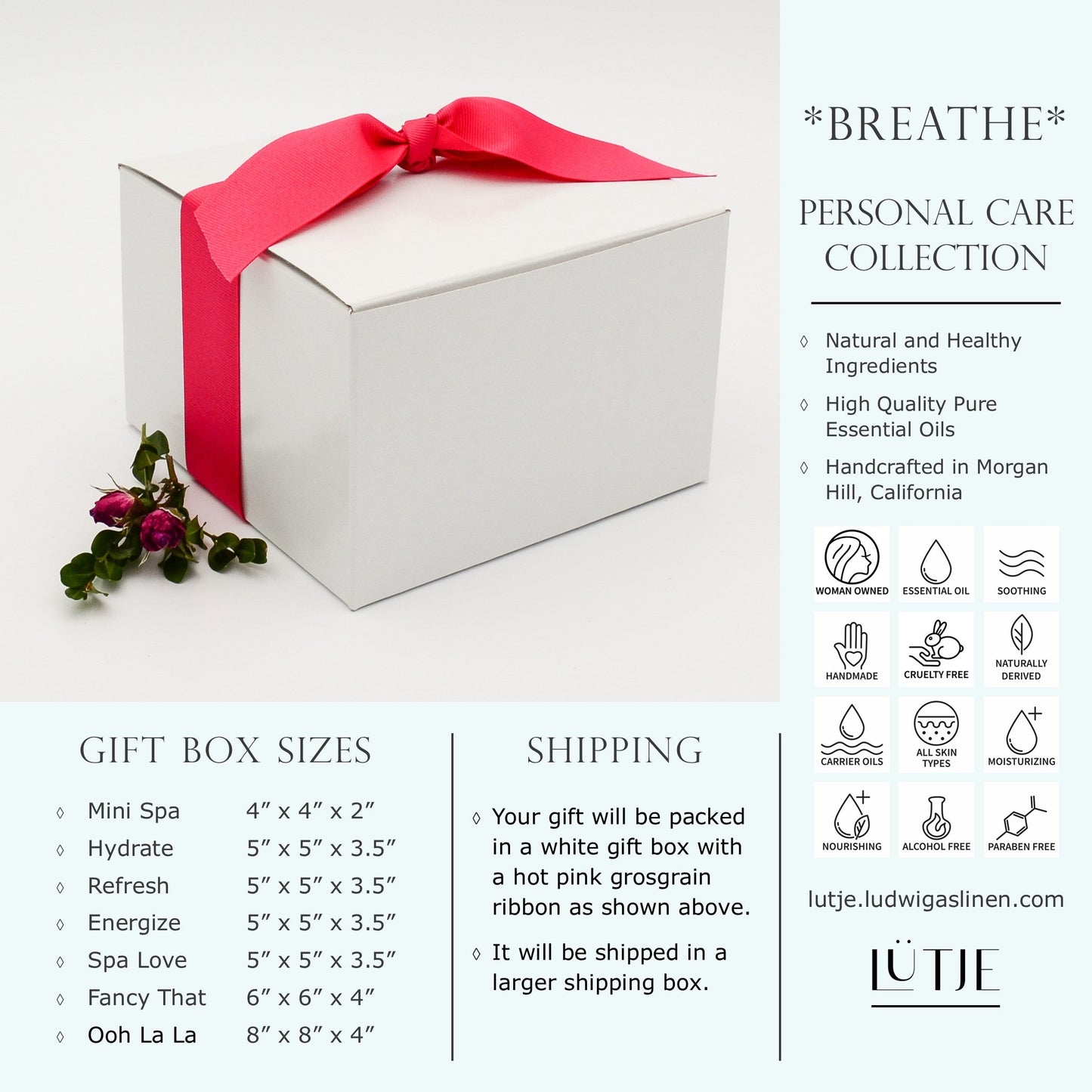 Gift Box for women Cactus Blossom Collection shipping and general information including made with natural and healthy ingredients,woman owned, handmade, cruelty free, naturally derived, pure essential oils, all skin types, moisturizing, soothing, nourishing, alcohol free and paraben free. 