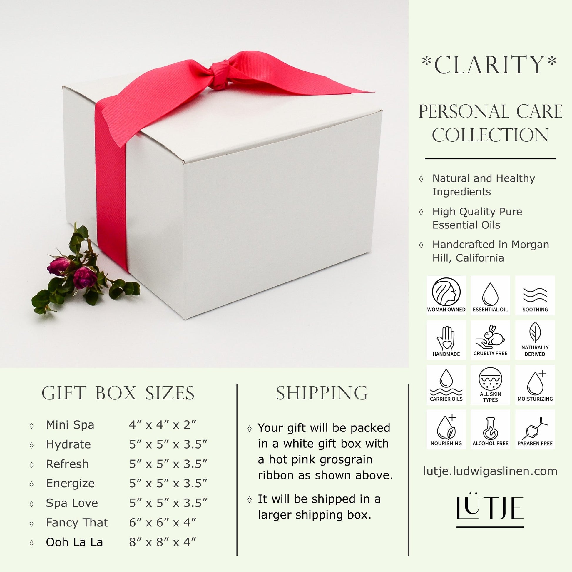 Gift Box for women Bergamot & Black Pepper Arise Collection shipping and general information including made with natural and healthy ingredients,woman owned, handmade, cruelty free, naturally derived, pure essential oils, all skin types, moisturizing, soothing, nourishing, alcohol free and paraben free. 