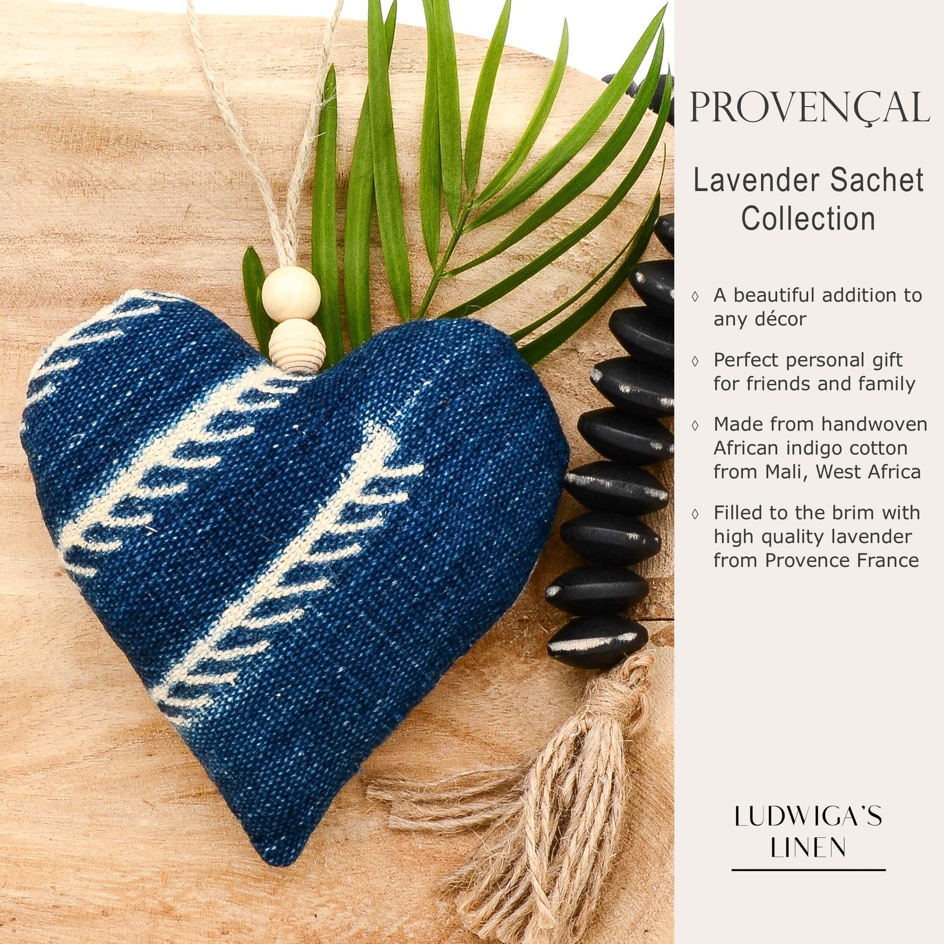 Lavender sachet heart made from handwoven African indigo cotton, hemp twine tie with wooden beads, and filled with high quality lavender from Provence France