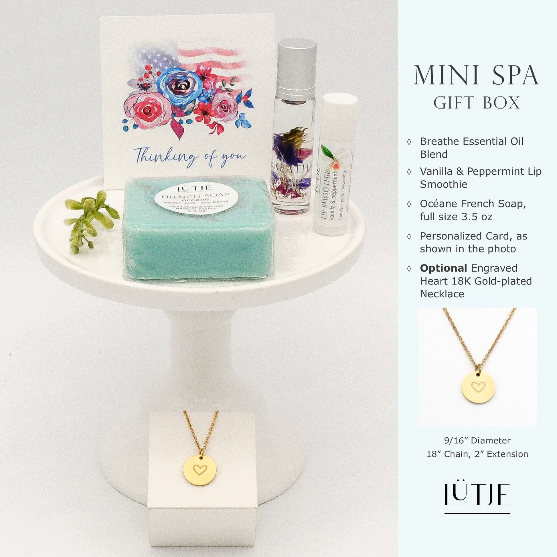 Mini Spa Gift Box for women, sister, daughter, mom, BFF, wife or grandma, includes essential oil, French soap, lip balm, and 18K gold-plated necklace with engraved heart.