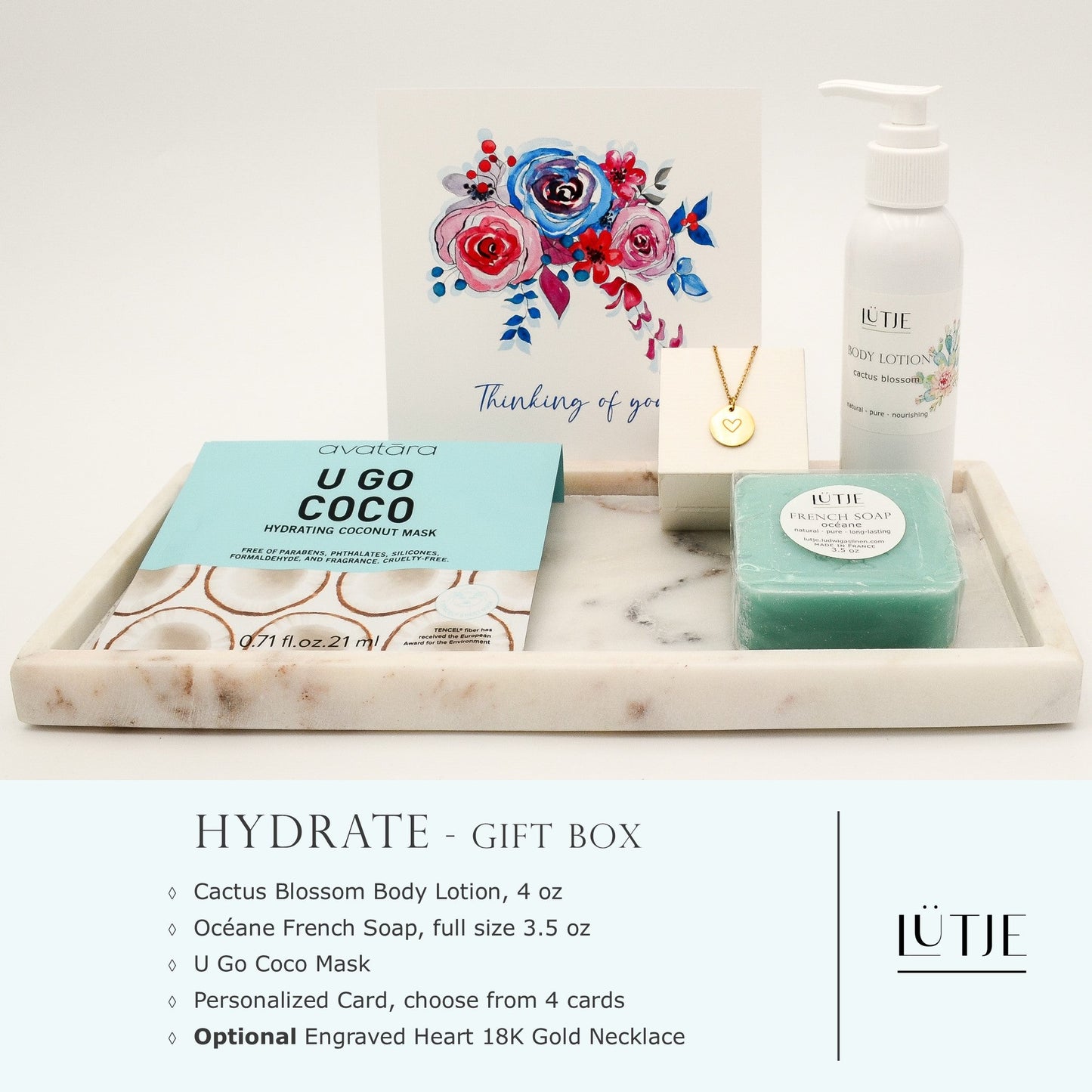 Hydrate Gift Box for women, daughter, mom, BFF, wife, sister or grandma, includes Cactus Blossom body lotion, French soap, hydrating face mask, and 18K gold-plated necklace with engraved heart.