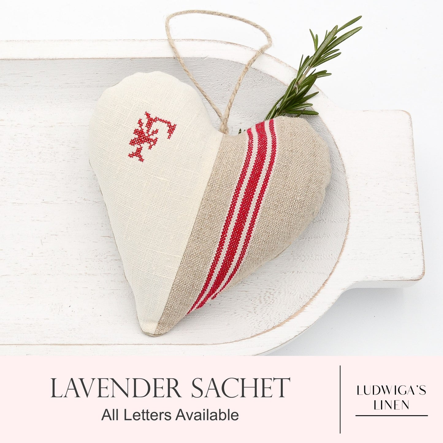 Antique/vintage French/German linen and red-striped mangle cloth linen lavender sachet heart with monogram, hemp twine tie and filled with high quality lavender from Provence France