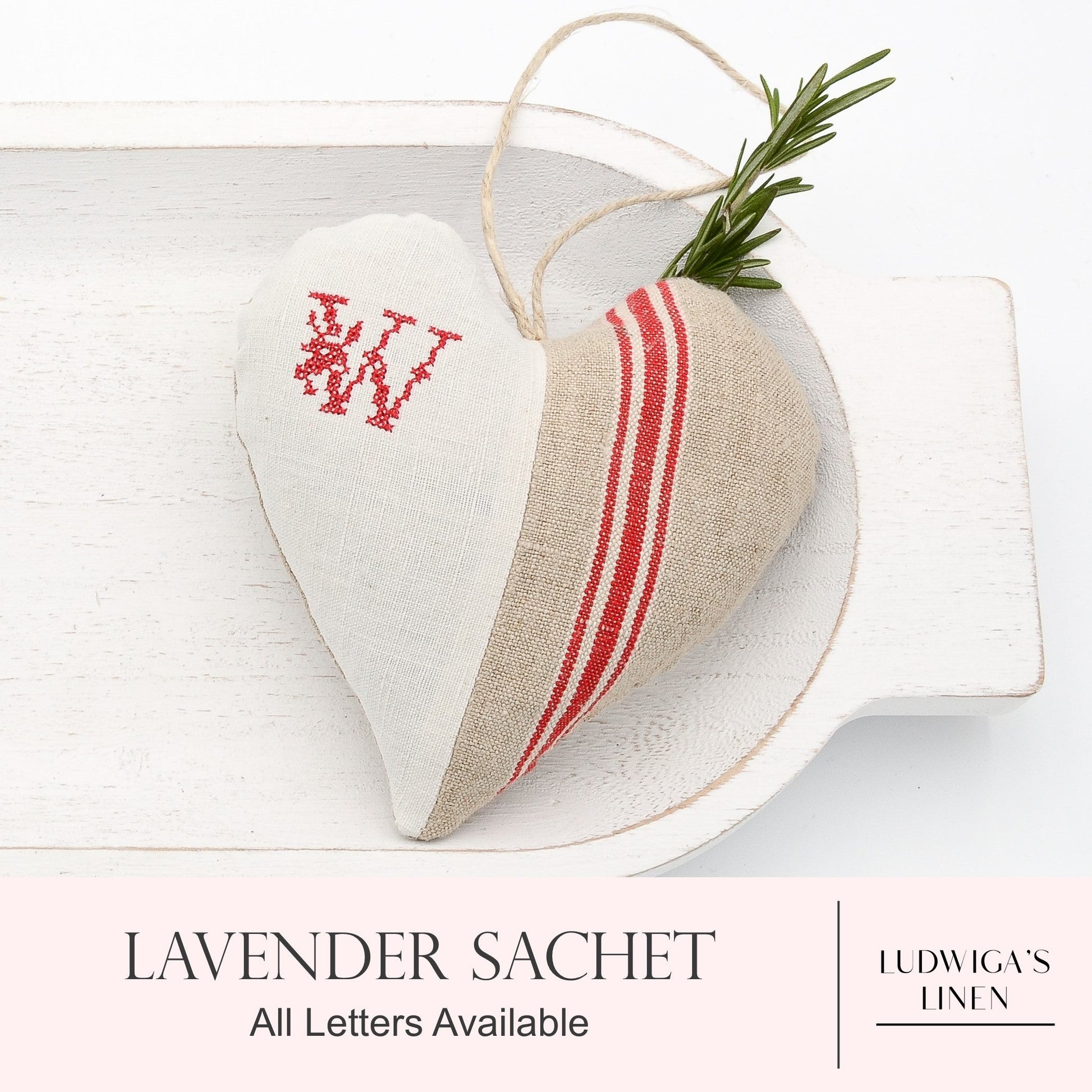 Antique/vintage French/German linen and red-striped mangle cloth linen lavender sachet heart with monogram, hemp twine tie and filled with high quality lavender from Provence France