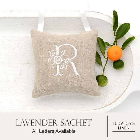 Vintage German mangle cloth linen lavender sachet square with monogram, white ribbon tie and filled with high quality lavender from Provence France